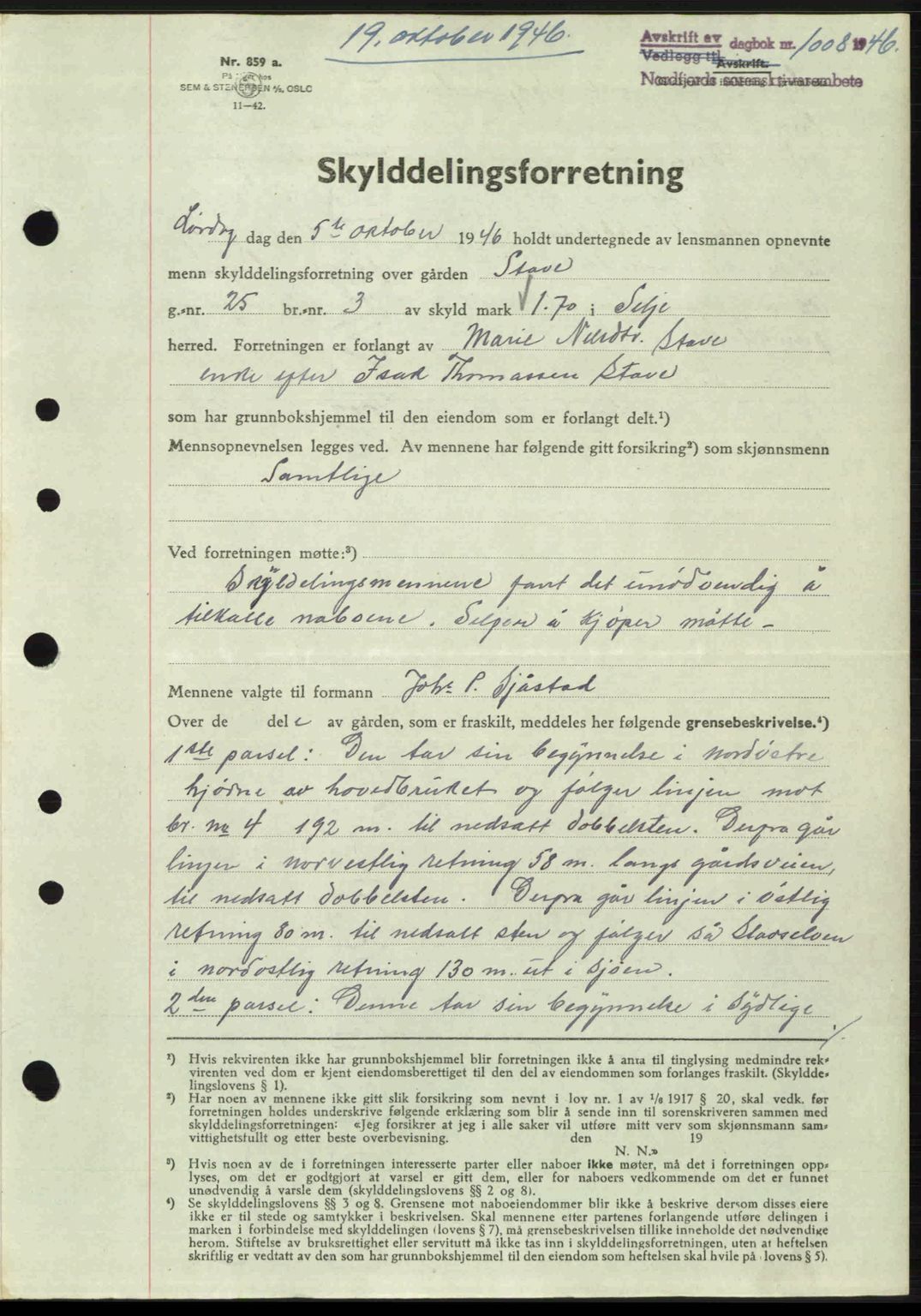 Nordfjord sorenskriveri, AV/SAB-A-2801/02/02b/02bj/L0011: Mortgage book no. A11, 1946-1947, Diary no: : 1008/1946