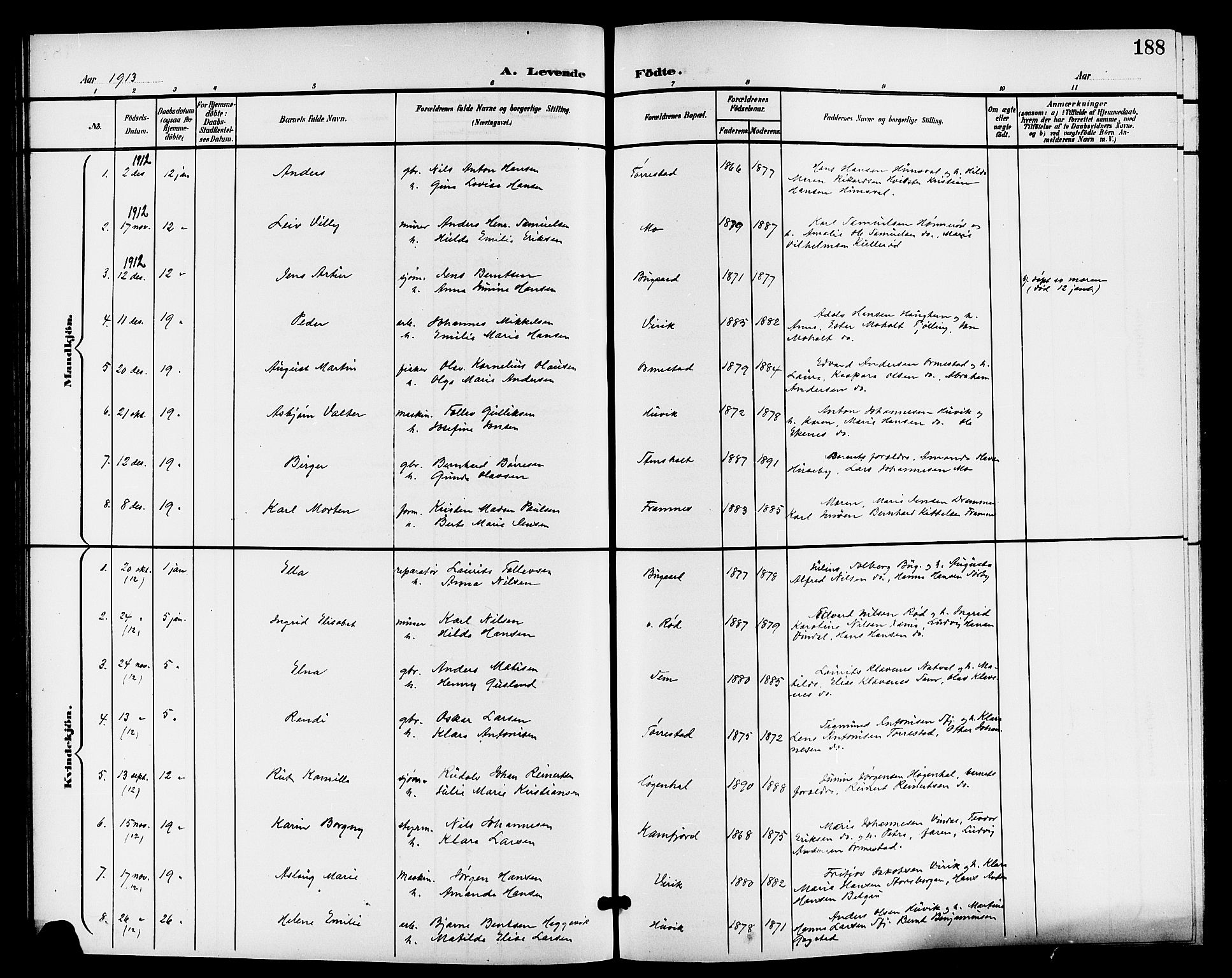 Sandar kirkebøker, AV/SAKO-A-243/G/Ga/L0002: Parish register (copy) no. 2, 1900-1915, p. 188