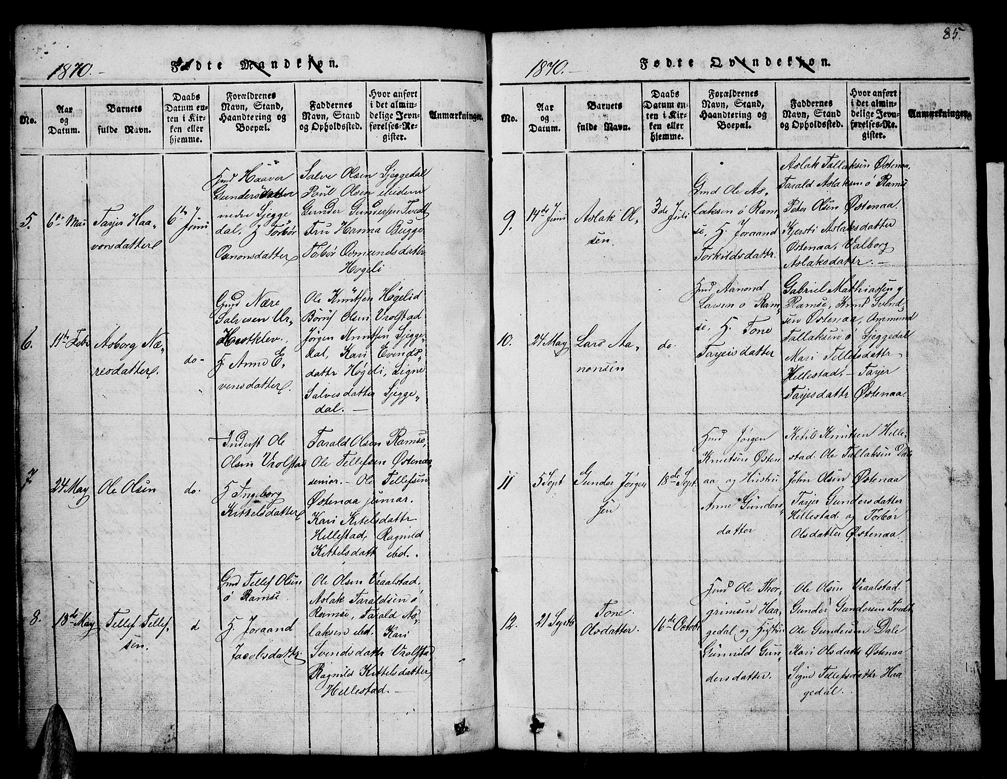 Åmli sokneprestkontor, AV/SAK-1111-0050/F/Fb/Fbb/L0001: Parish register (copy) no. B 1, 1816-1889, p. 85