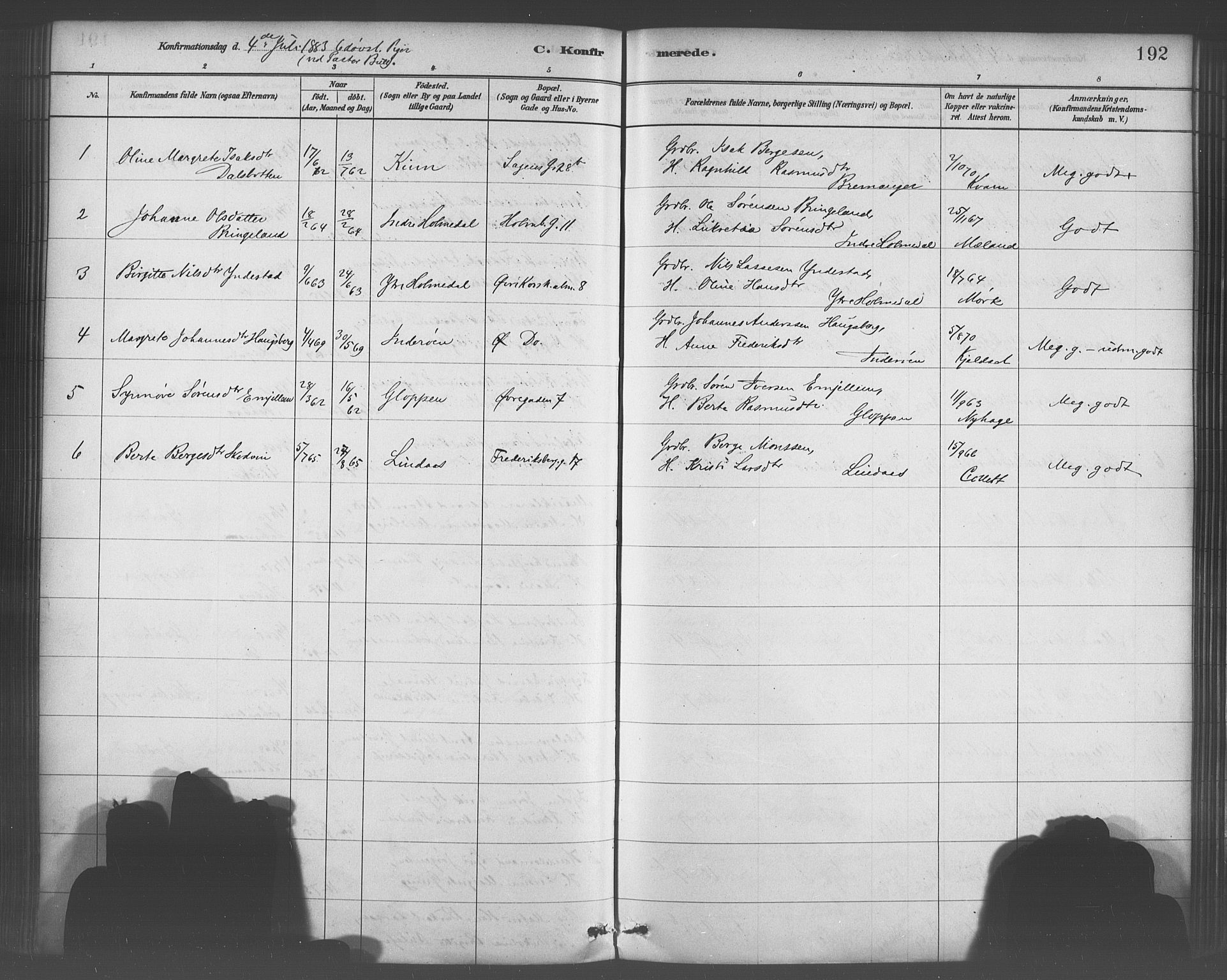 Domkirken sokneprestembete, AV/SAB-A-74801/H/Haa/L0030: Parish register (official) no. C 5, 1880-1898, p. 192
