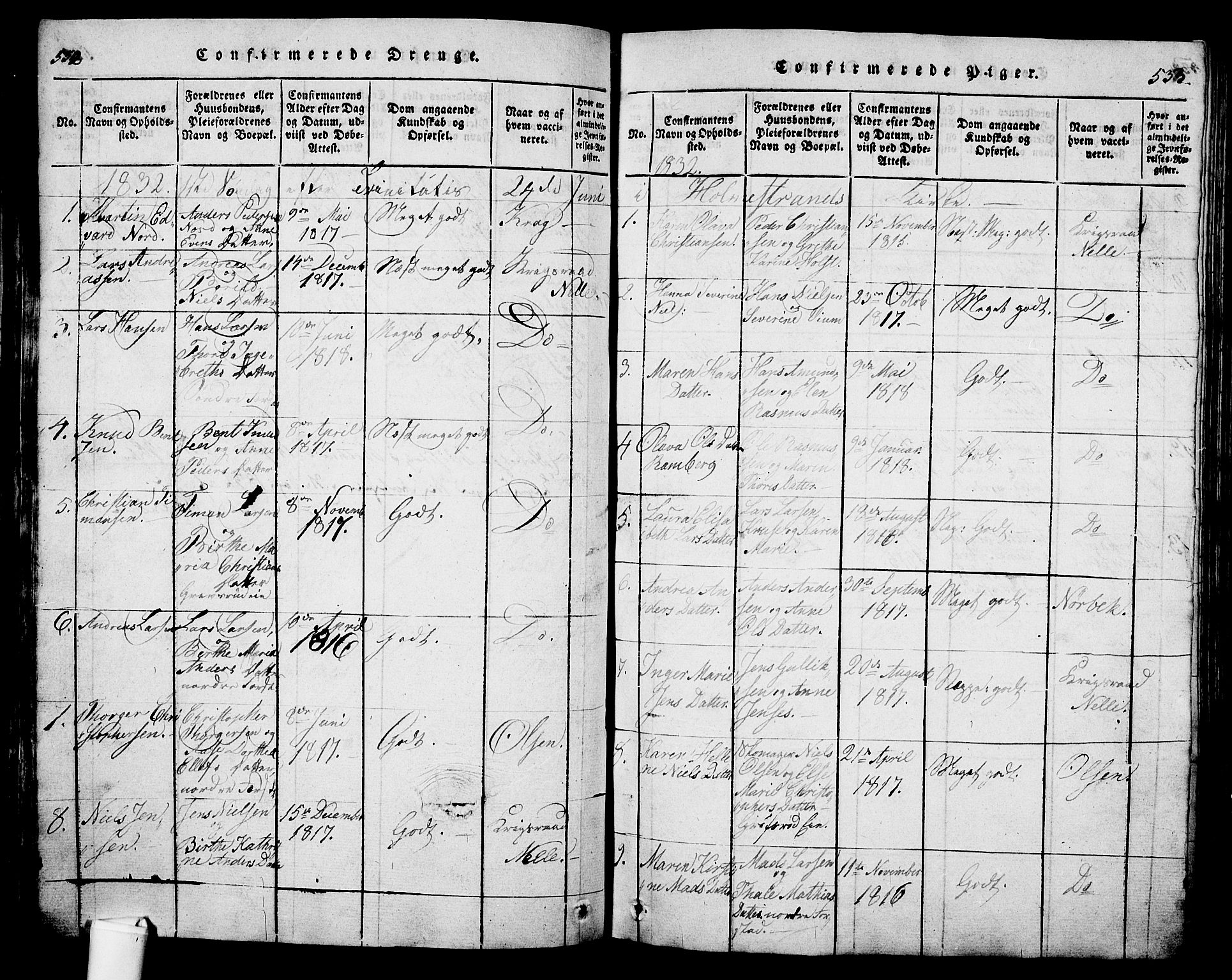 Holmestrand kirkebøker, AV/SAKO-A-346/G/Ga/L0001: Parish register (copy) no. 1, 1814-1848, p. 532-533