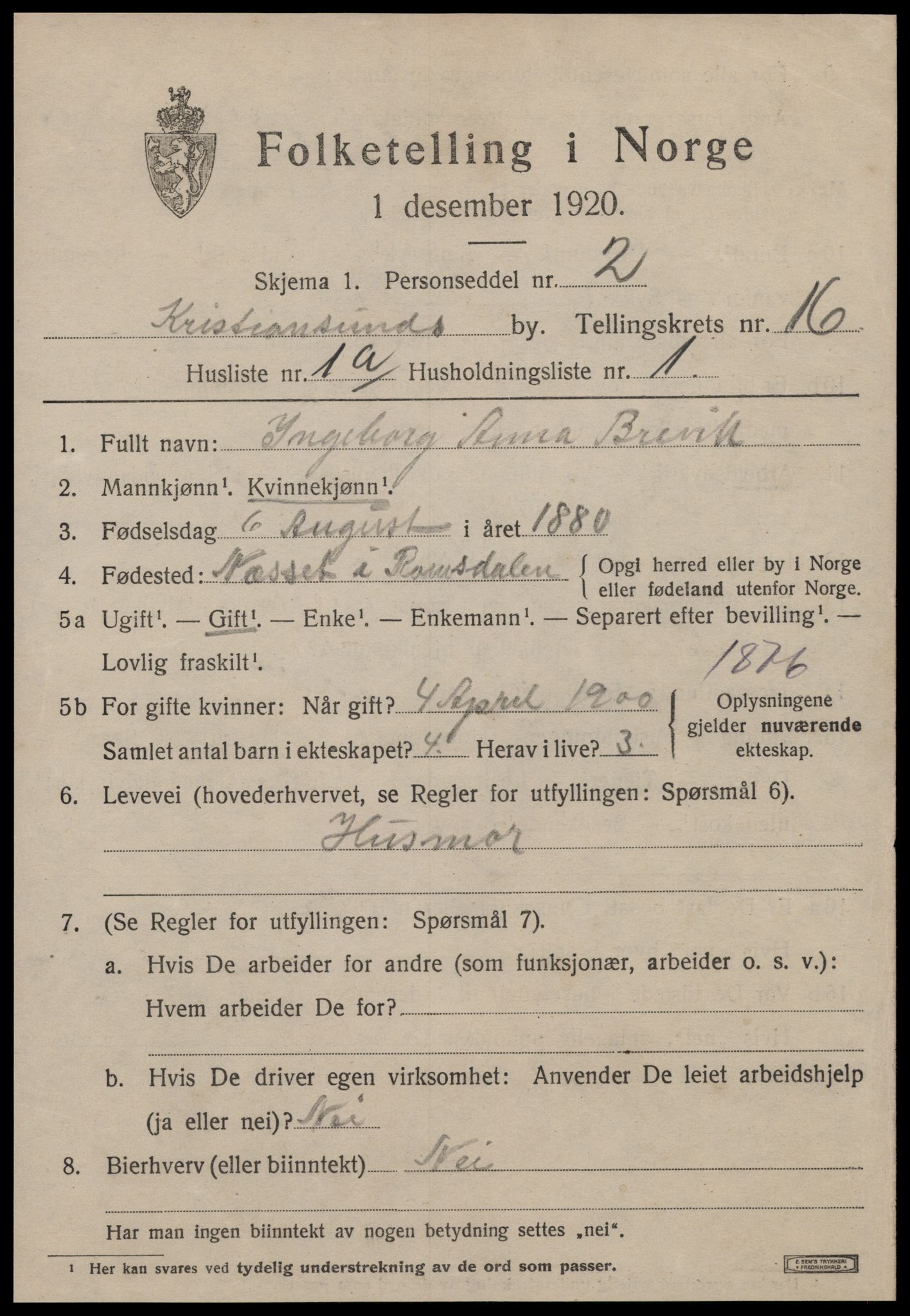 SAT, 1920 census for Kristiansund, 1920, p. 33831