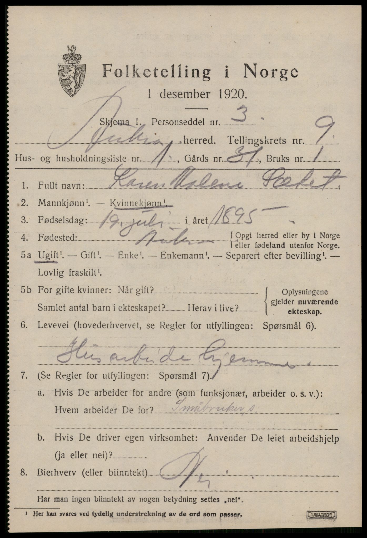 SAT, 1920 census for Aukra, 1920, p. 4547