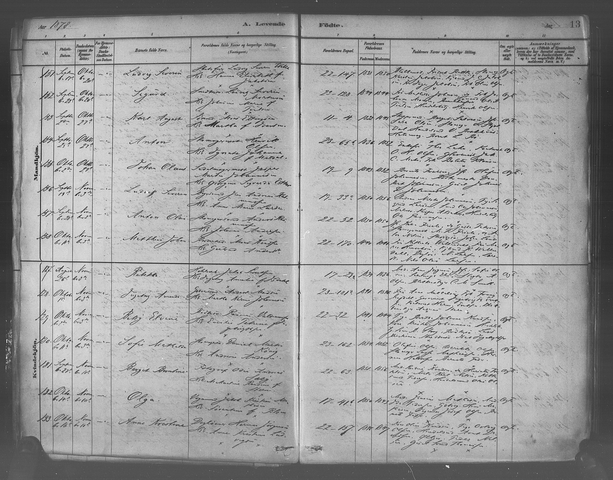 Korskirken sokneprestembete, AV/SAB-A-76101/H/Haa/L0021: Parish register (official) no. B 7, 1878-1889, p. 13