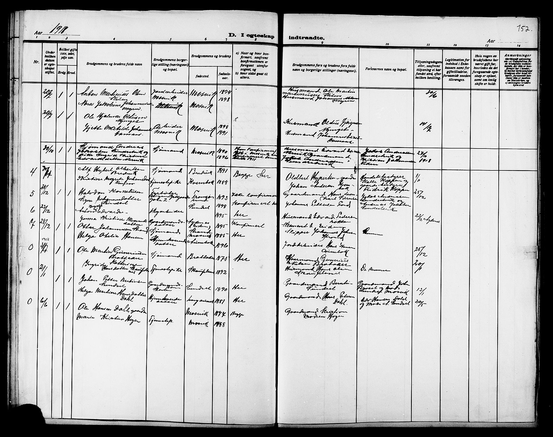 Ministerialprotokoller, klokkerbøker og fødselsregistre - Nord-Trøndelag, AV/SAT-A-1458/733/L0327: Parish register (copy) no. 733C02, 1888-1918, p. 152