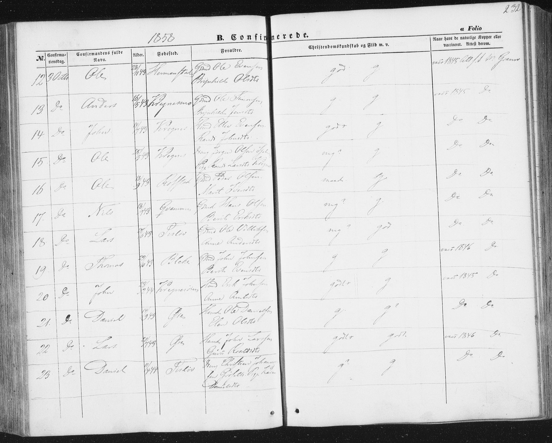 Ministerialprotokoller, klokkerbøker og fødselsregistre - Sør-Trøndelag, SAT/A-1456/691/L1076: Parish register (official) no. 691A08, 1852-1861, p. 232