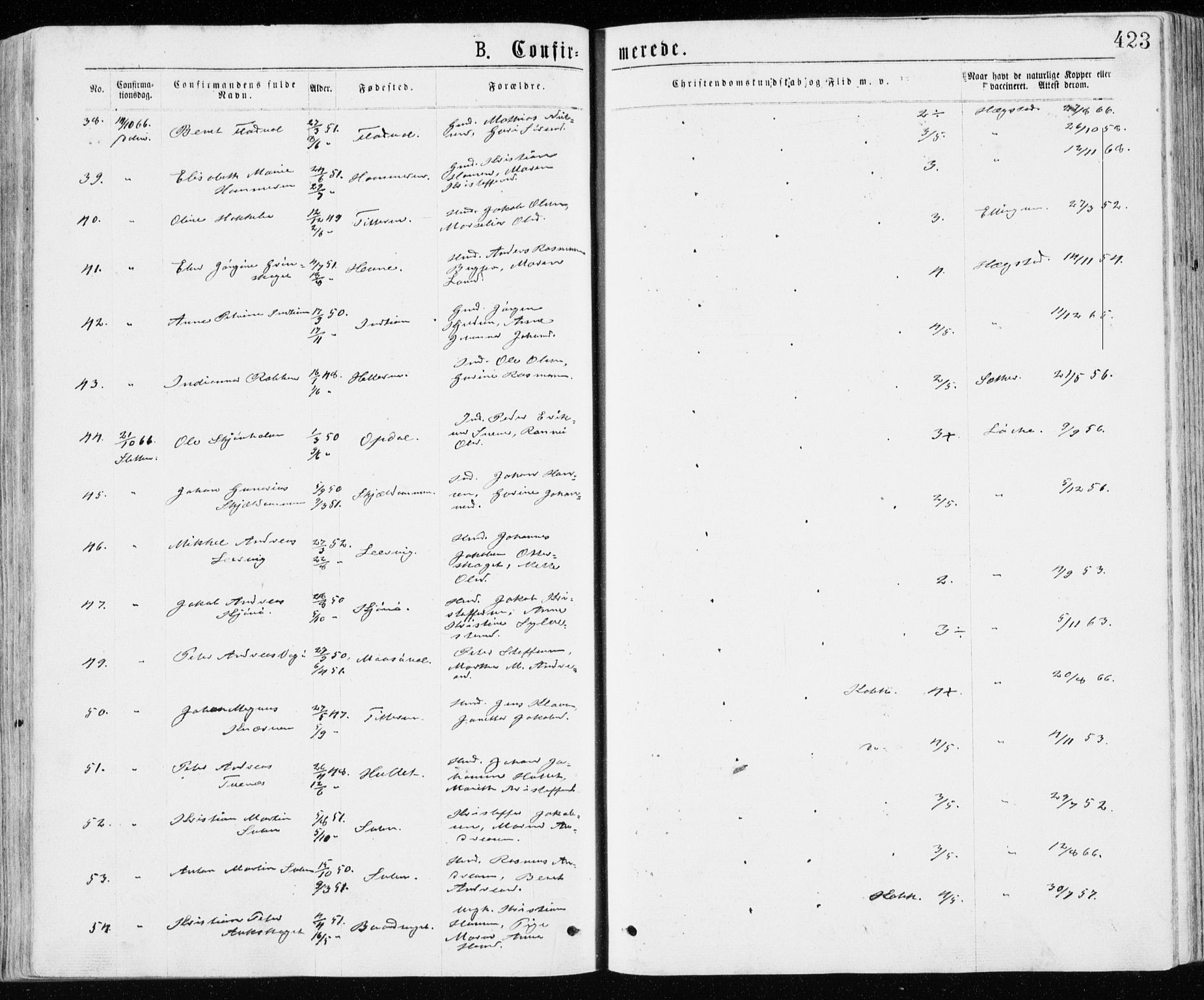 Ministerialprotokoller, klokkerbøker og fødselsregistre - Sør-Trøndelag, AV/SAT-A-1456/640/L0576: Parish register (official) no. 640A01, 1846-1876, p. 423