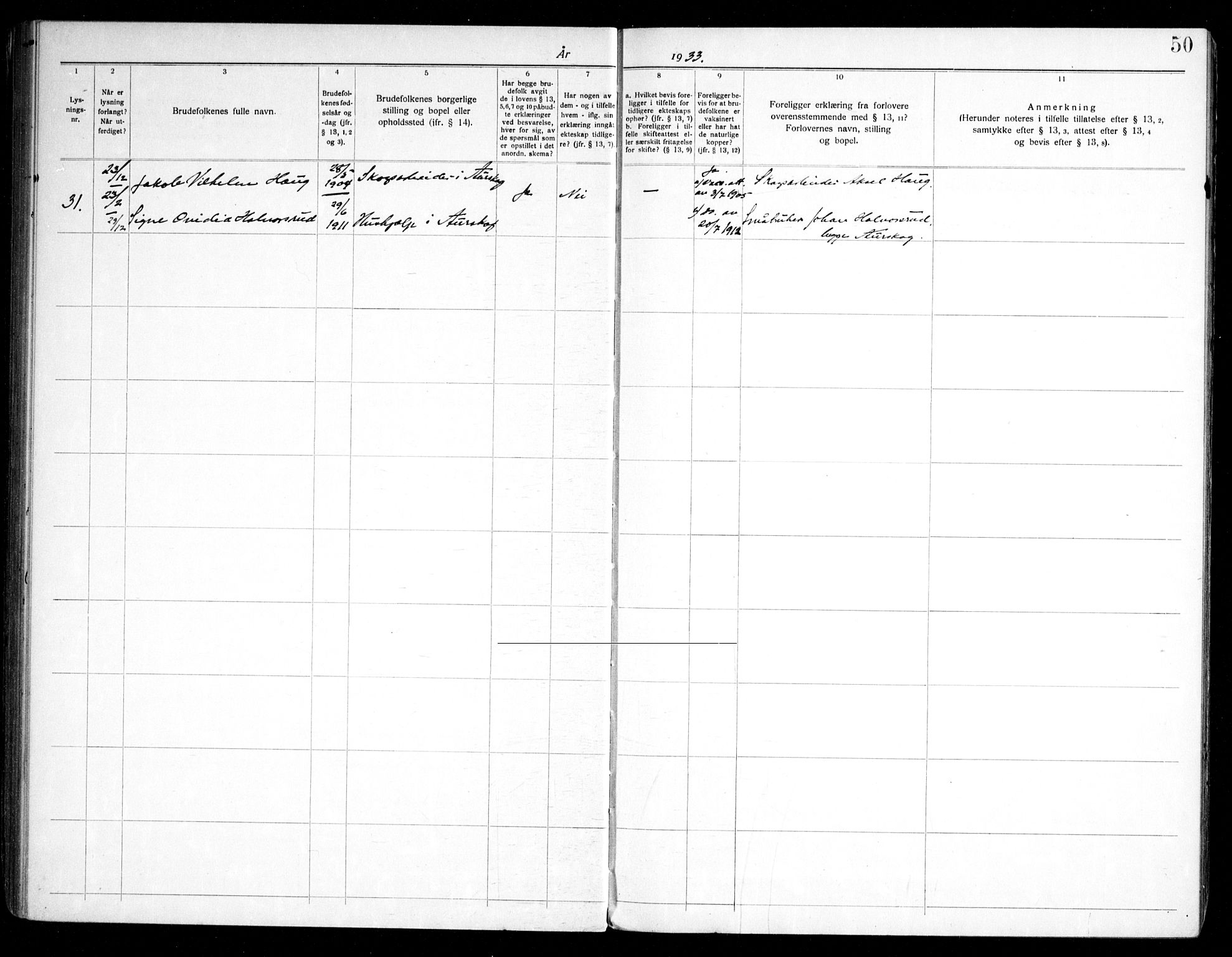 Aurskog prestekontor Kirkebøker, SAO/A-10304a/H/Ha/L0002: Banns register no. 2, 1919-1947, p. 50