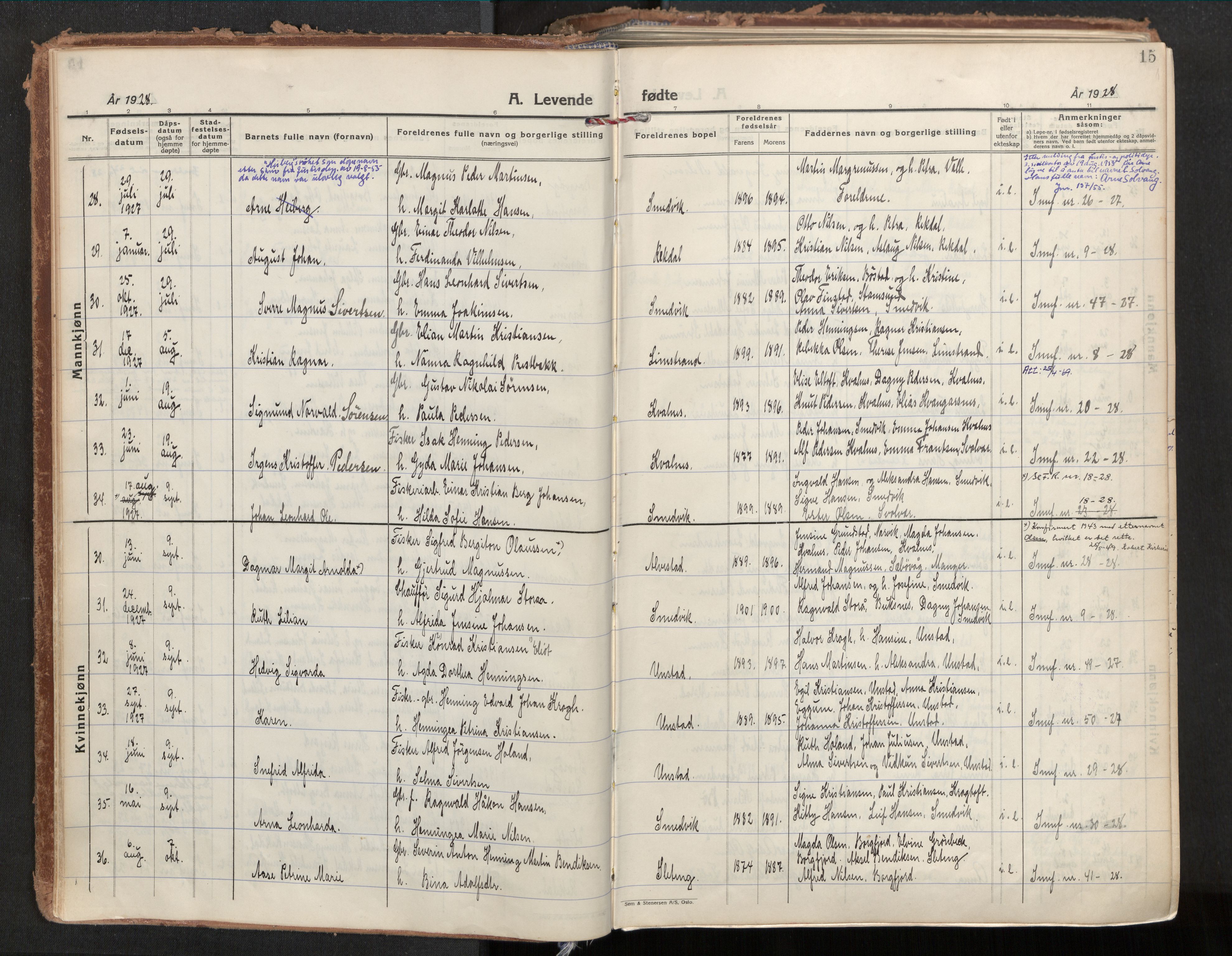 Ministerialprotokoller, klokkerbøker og fødselsregistre - Nordland, AV/SAT-A-1459/880/L1137: Parish register (official) no. 880A11, 1927-1944, p. 15