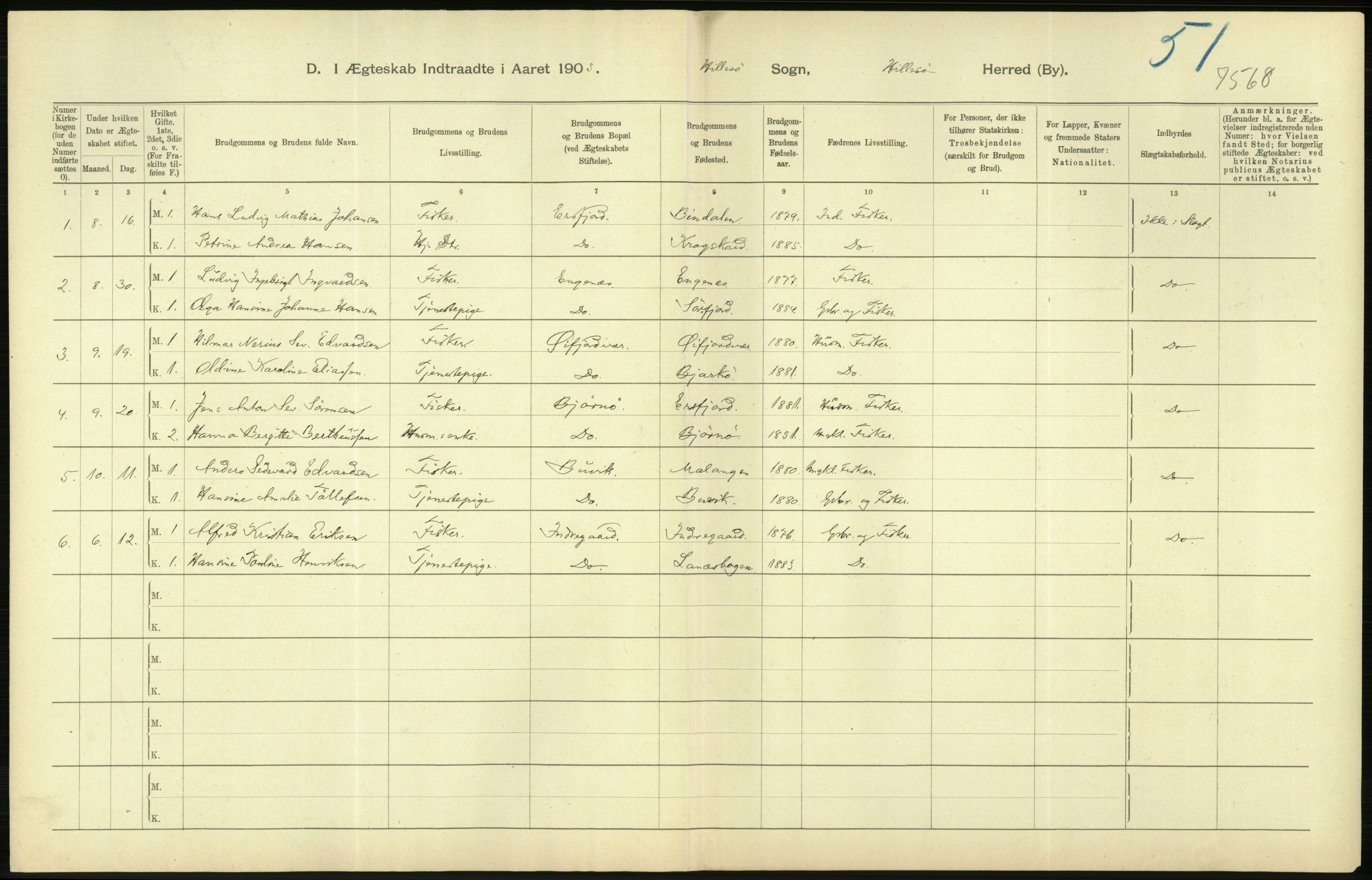 Statistisk sentralbyrå, Sosiodemografiske emner, Befolkning, AV/RA-S-2228/D/Df/Dfa/Dfaa/L0021: Tromsø amt: Fødte, gifte, døde., 1903, p. 330