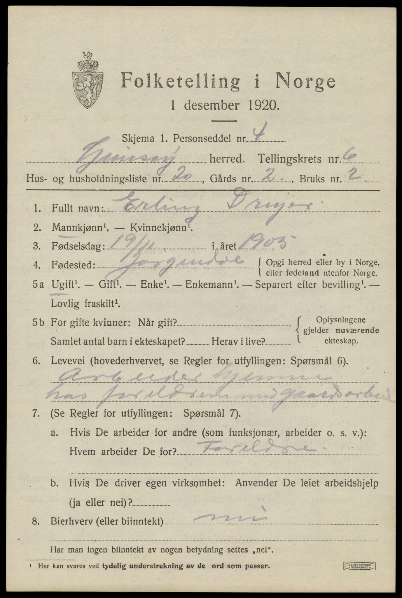 SAT, 1920 census for Gimsøy, 1920, p. 3079