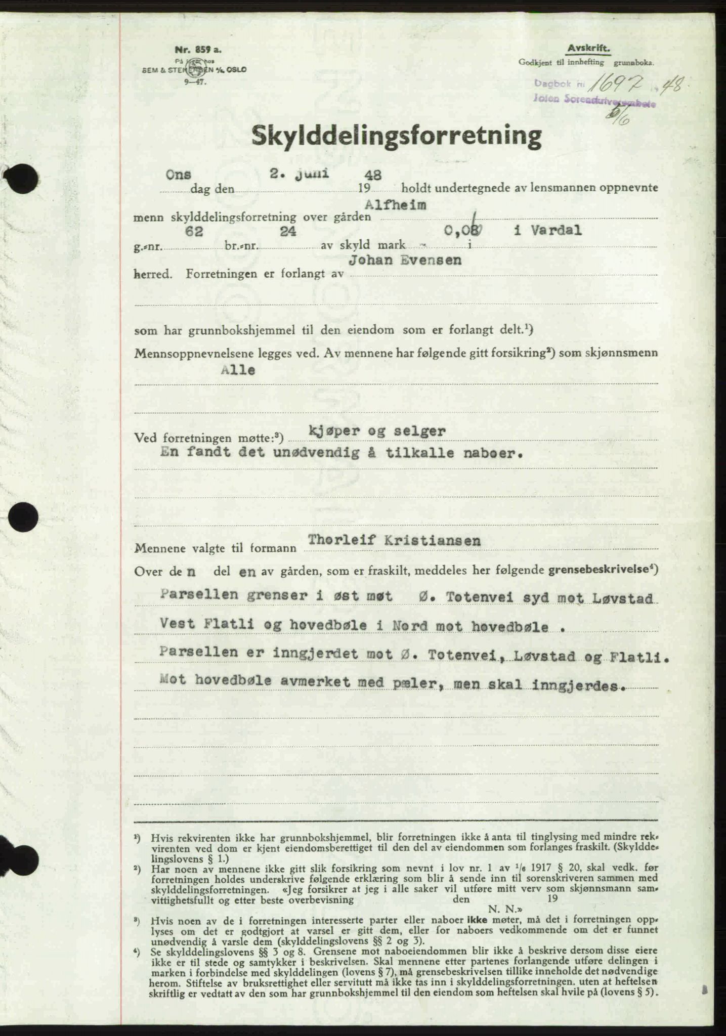 Toten tingrett, SAH/TING-006/H/Hb/Hbc/L0020: Mortgage book no. Hbc-20, 1948-1948, Diary no: : 1697/1948