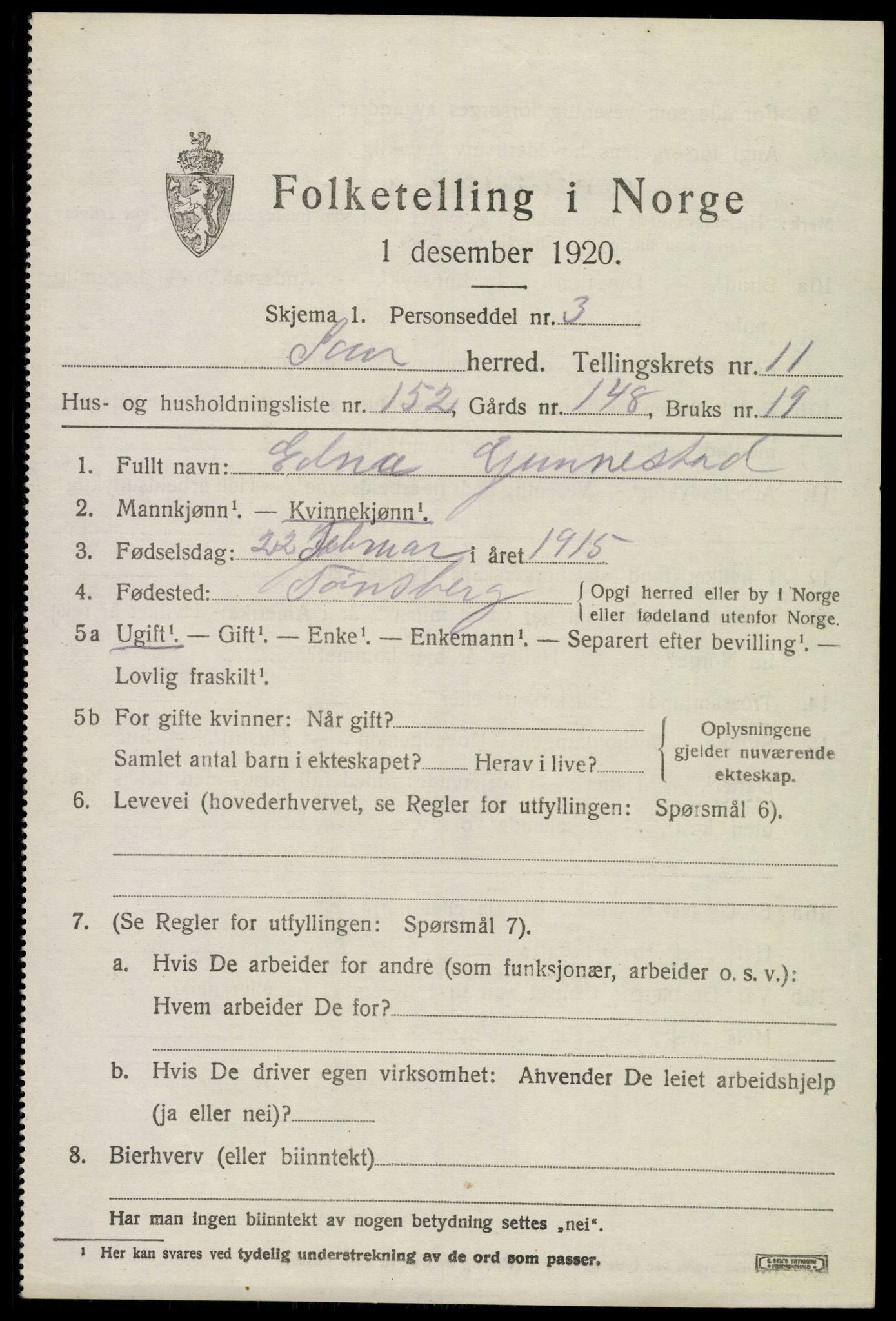 SAKO, 1920 census for Sem, 1920, p. 16299