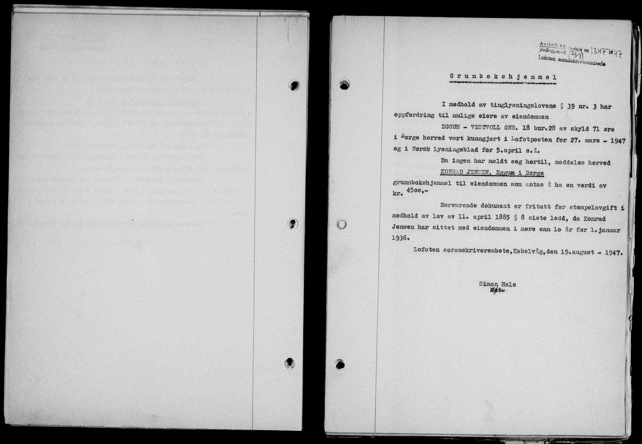 Lofoten sorenskriveri, SAT/A-0017/1/2/2C/L0016a: Mortgage book no. 16a, 1947-1947, Diary no: : 1347/1947