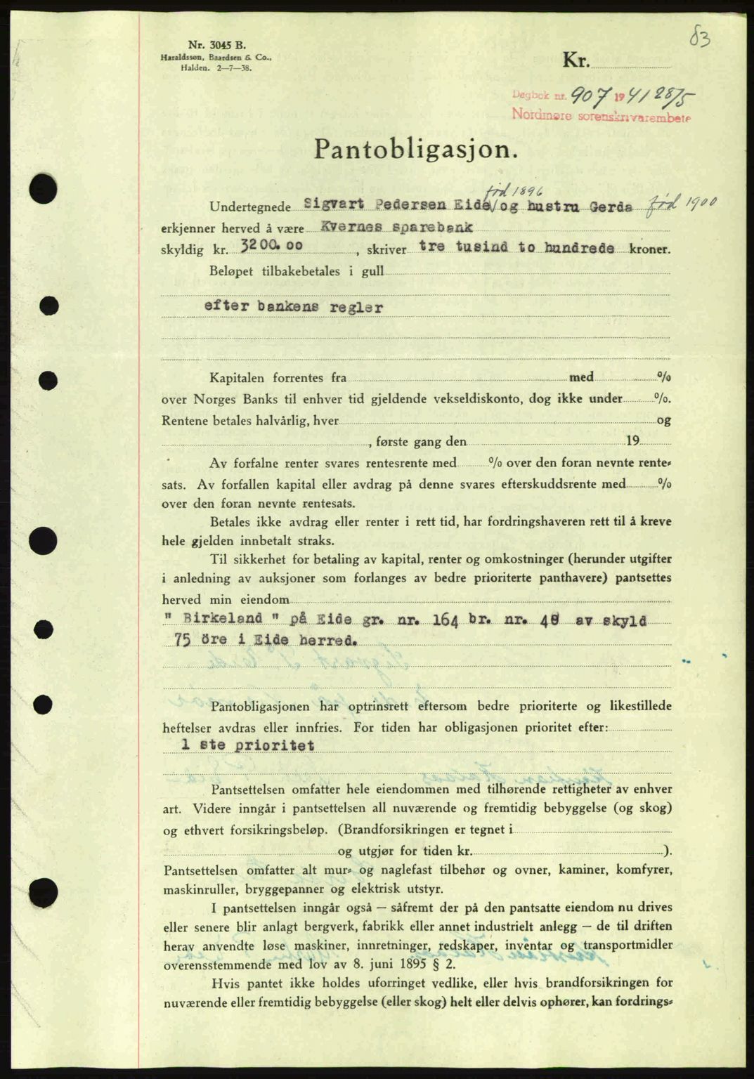 Nordmøre sorenskriveri, AV/SAT-A-4132/1/2/2Ca: Mortgage book no. B88, 1941-1942, Diary no: : 907/1941