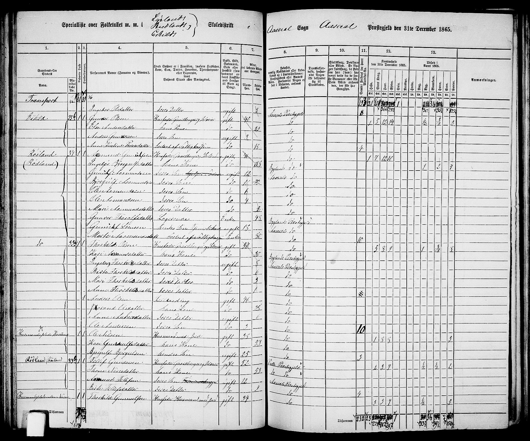 RA, 1865 census for Åseral, 1865, p. 64