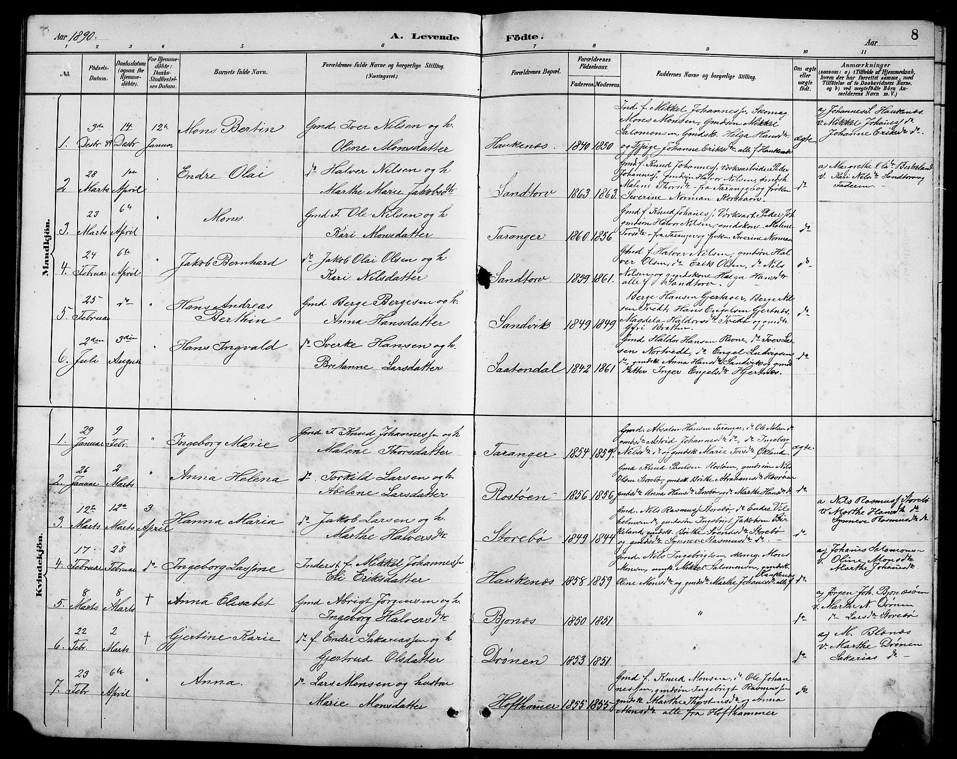 Austevoll Sokneprestembete, SAB/A-74201/H/Hab: Parish register (copy) no. A 3, 1889-1900, p. 8