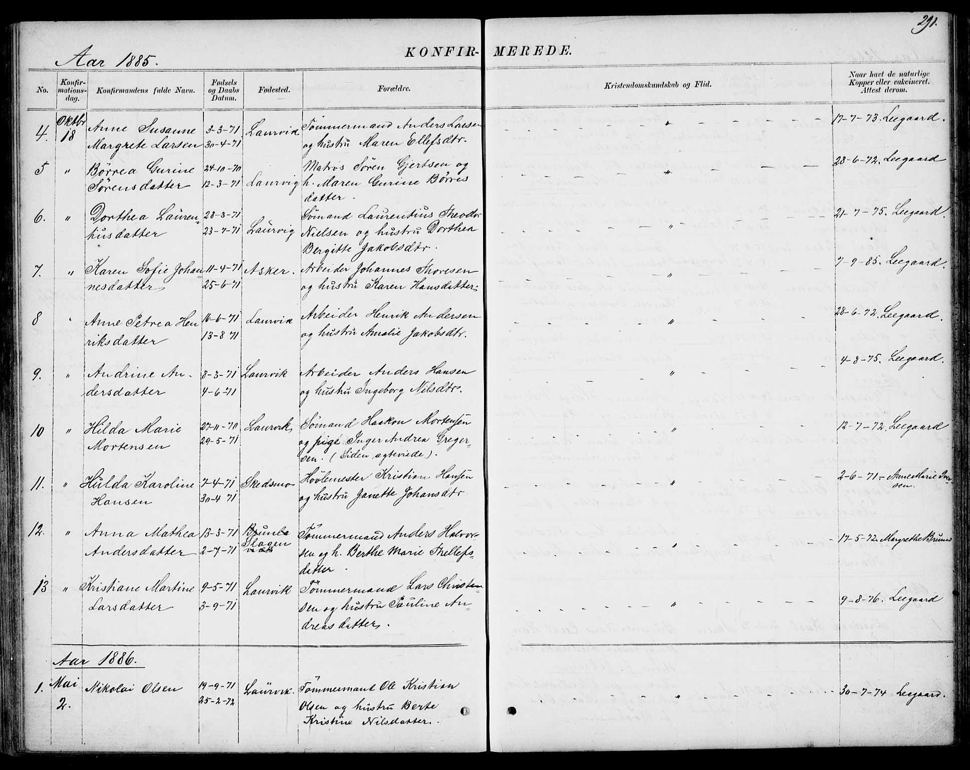 Larvik kirkebøker, AV/SAKO-A-352/G/Gb/L0003: Parish register (copy) no. II 3, 1867-1899, p. 291