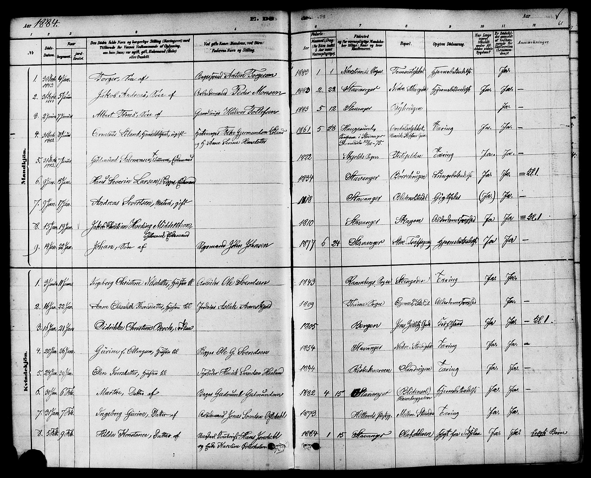 Domkirken sokneprestkontor, AV/SAST-A-101812/001/30/30BA/L0027: Parish register (official) no. A 26, 1878-1896, p. 61