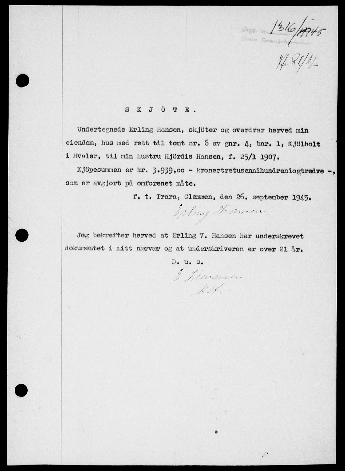 Onsøy sorenskriveri, SAO/A-10474/G/Ga/Gab/L0015: Mortgage book no. II A-15, 1945-1946, Diary no: : 1316/1945