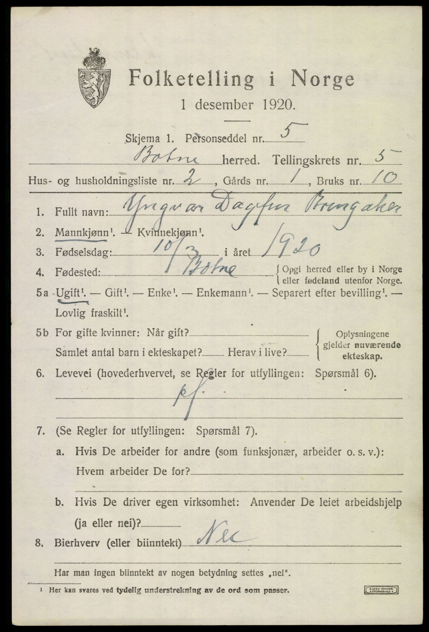 SAKO, 1920 census for Botne, 1920, p. 4251