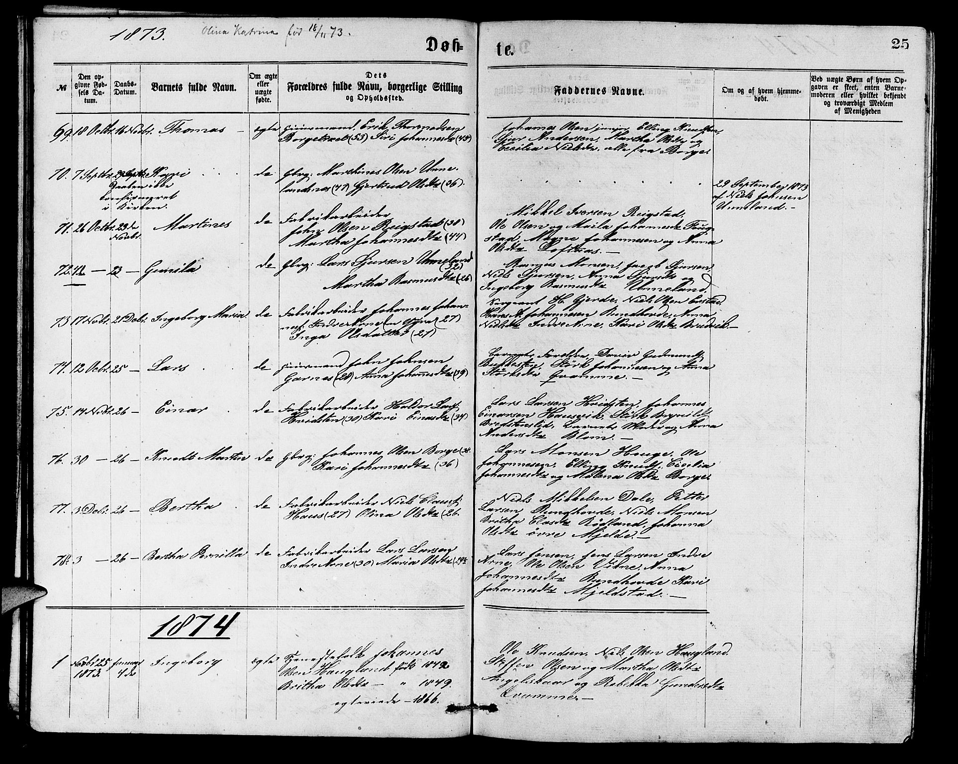 Arna Sokneprestembete, SAB/A-74001/H/Ha/Hab: Parish register (copy) no. A 1, 1869-1879, p. 25