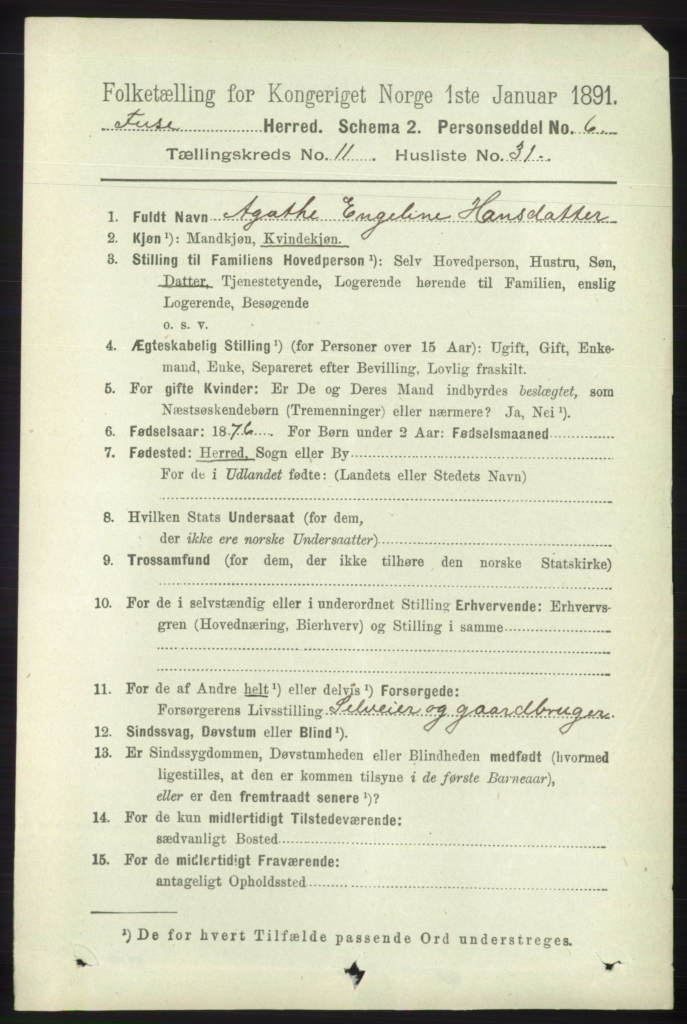 RA, 1891 census for 1241 Fusa, 1891, p. 2299