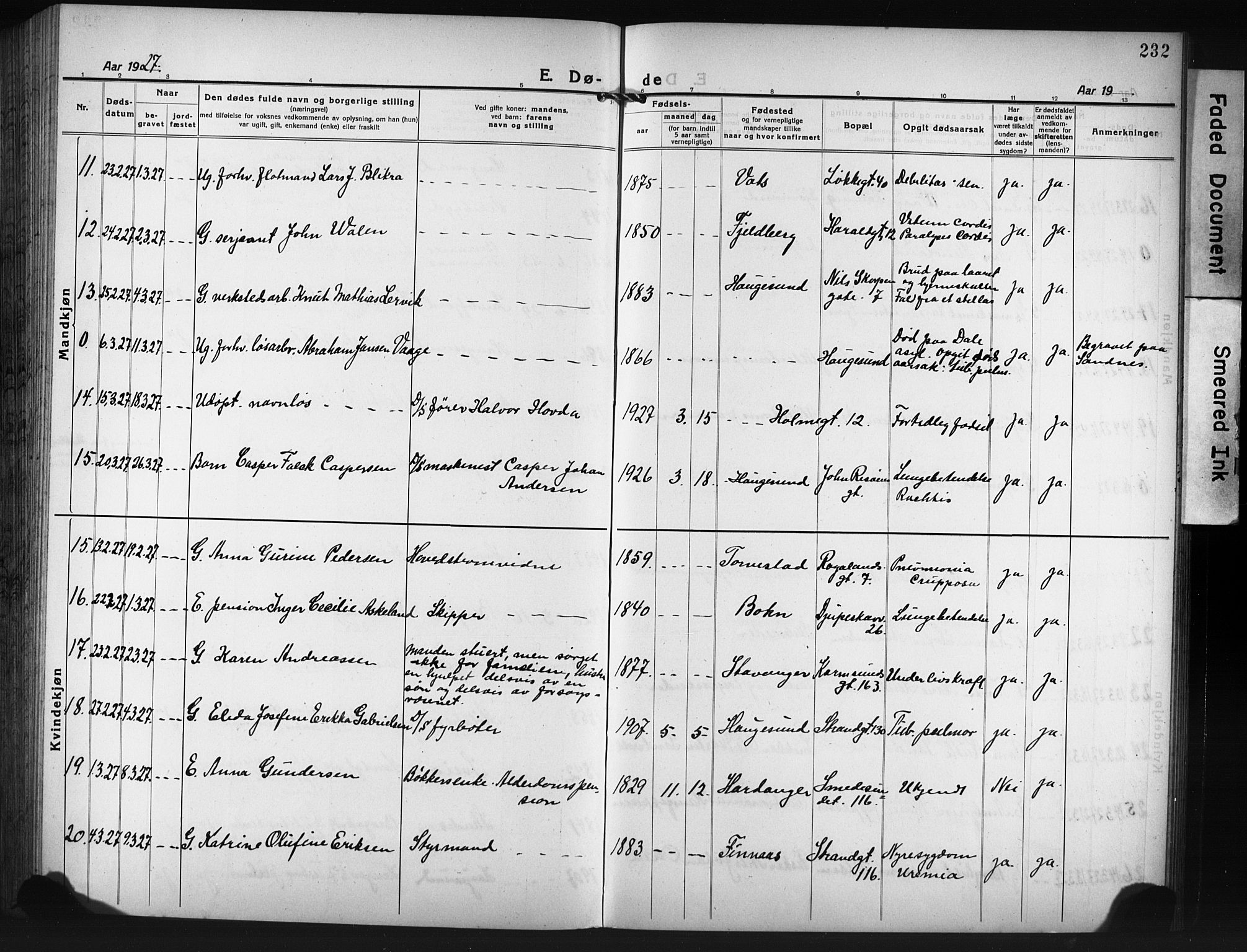 Haugesund sokneprestkontor, AV/SAST-A -101863/H/Ha/Hab/L0010: Parish register (copy) no. B 10, 1920-1931, p. 232