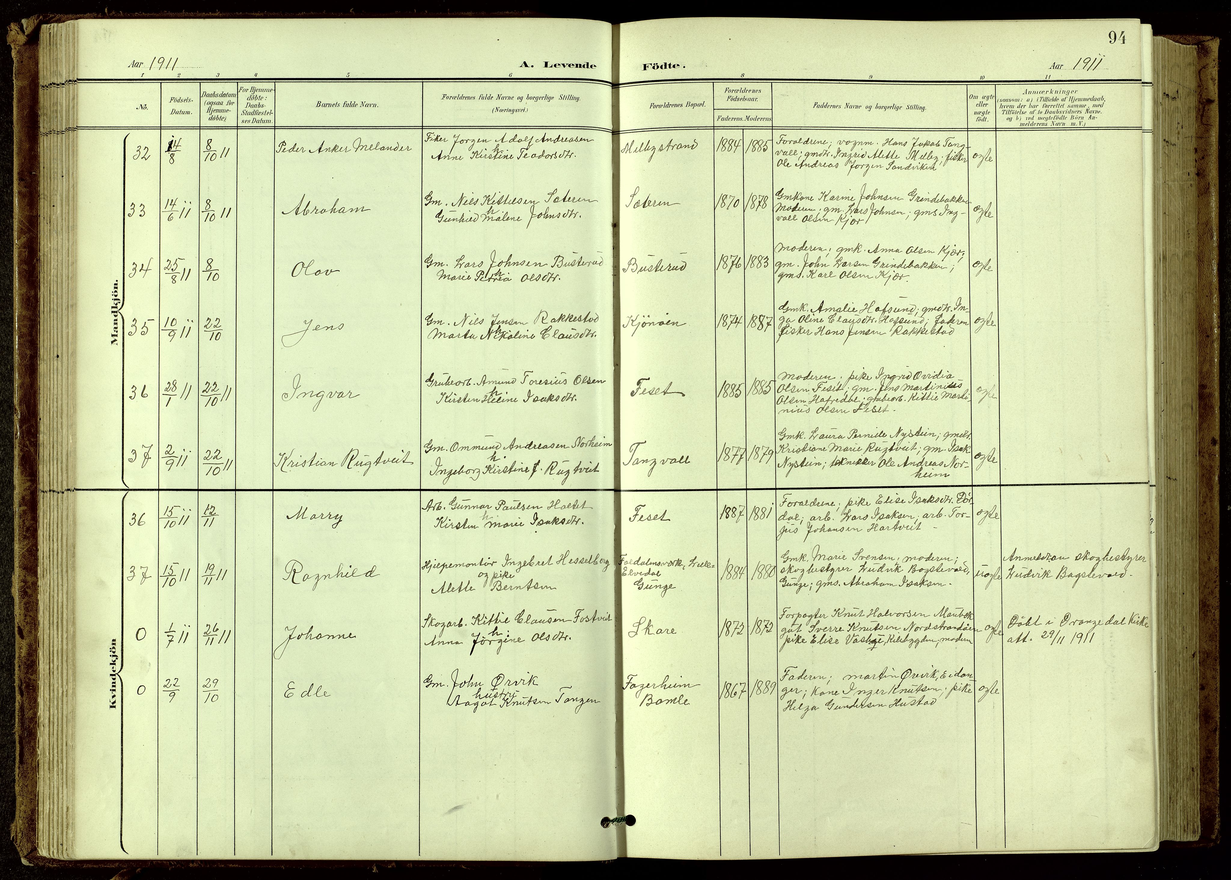 Bamble kirkebøker, SAKO/A-253/G/Ga/L0010: Parish register (copy) no. I 10, 1901-1919, p. 94