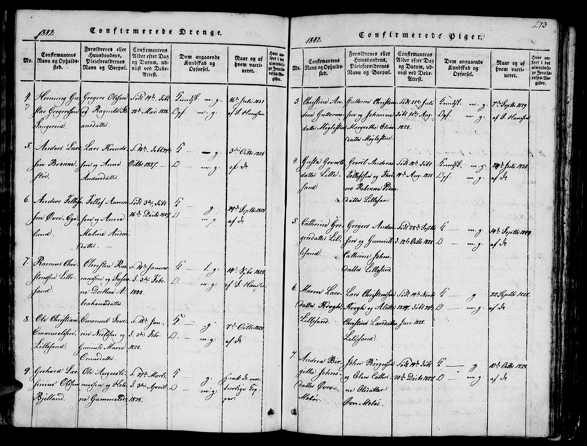 Vestre Moland sokneprestkontor, AV/SAK-1111-0046/F/Fb/Fbb/L0001: Parish register (copy) no. B 1, 1816-1851, p. 273