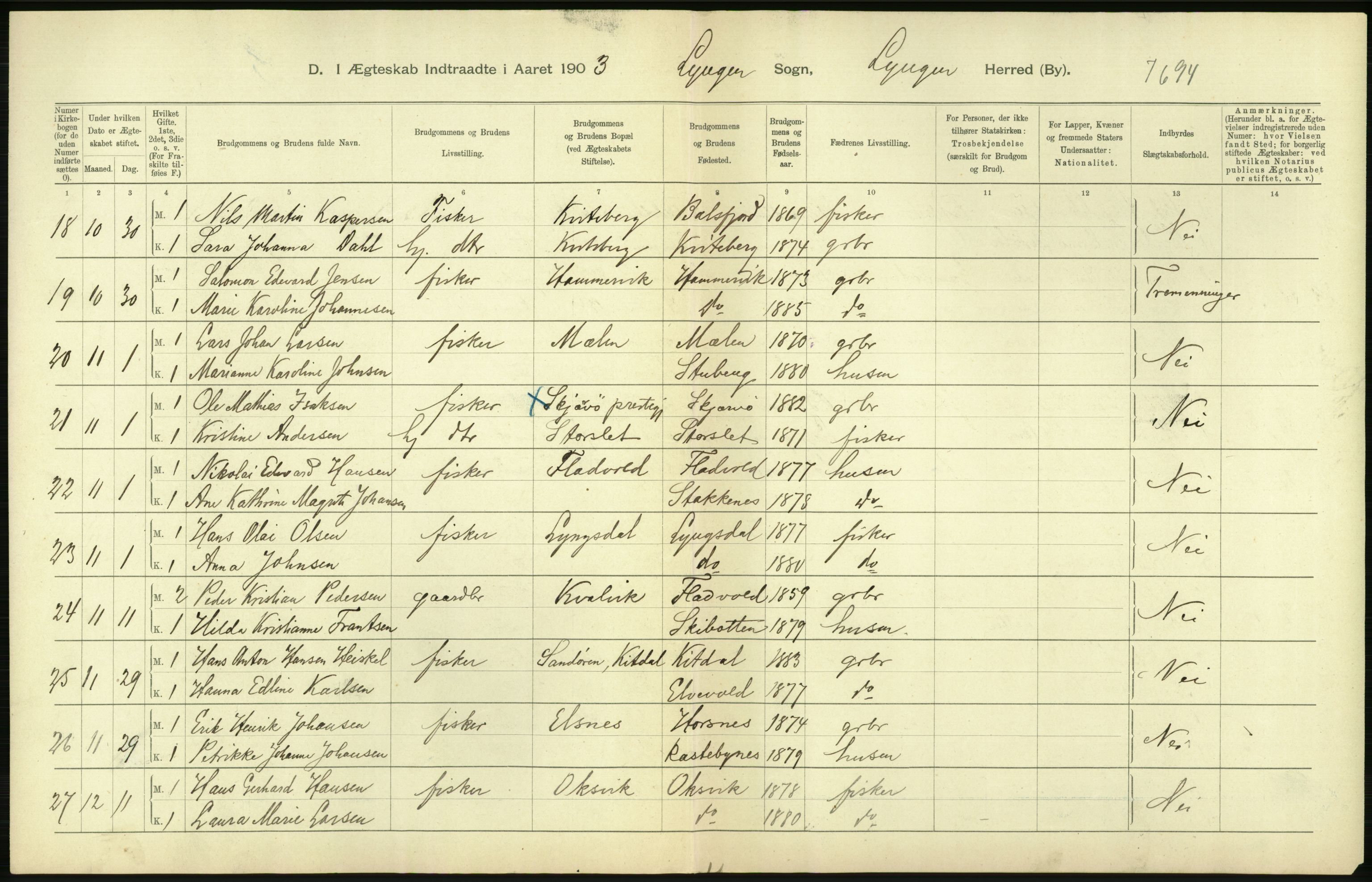 Statistisk sentralbyrå, Sosiodemografiske emner, Befolkning, AV/RA-S-2228/D/Df/Dfa/Dfaa/L0021: Tromsø amt: Fødte, gifte, døde., 1903, p. 314