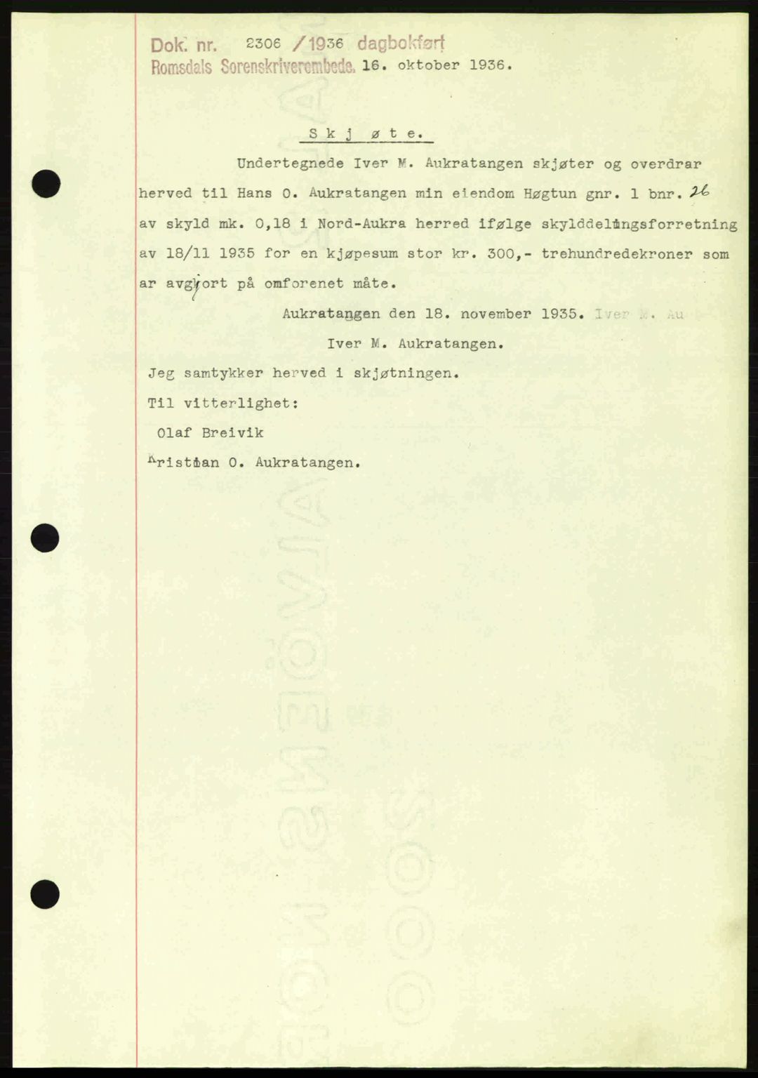 Romsdal sorenskriveri, AV/SAT-A-4149/1/2/2C: Mortgage book no. A2, 1936-1937, Diary no: : 2306/1936