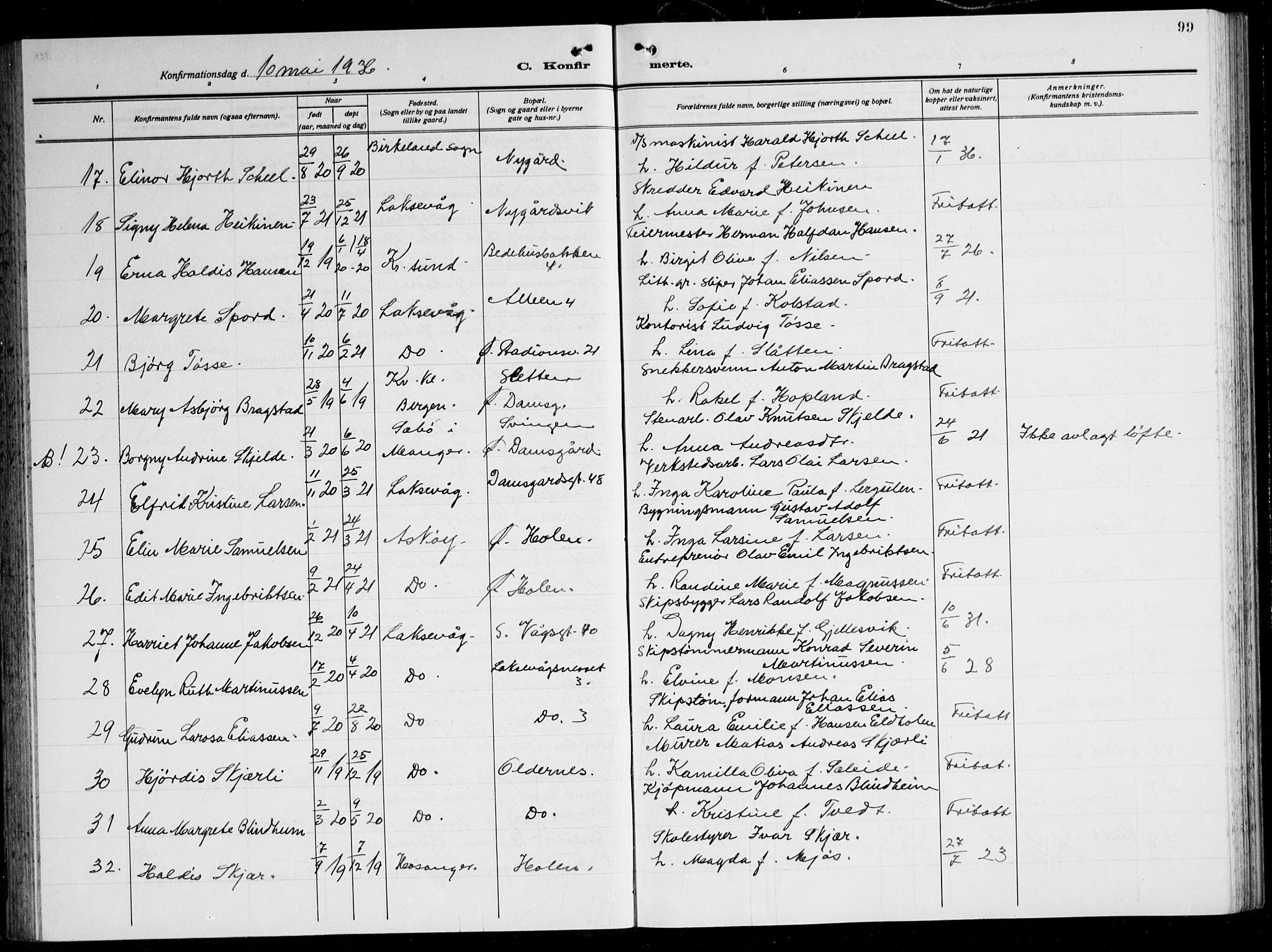 Laksevåg Sokneprestembete, AV/SAB-A-76501/H/Ha/Hab/Haba: Parish register (copy) no. A 10, 1925-1942, p. 99