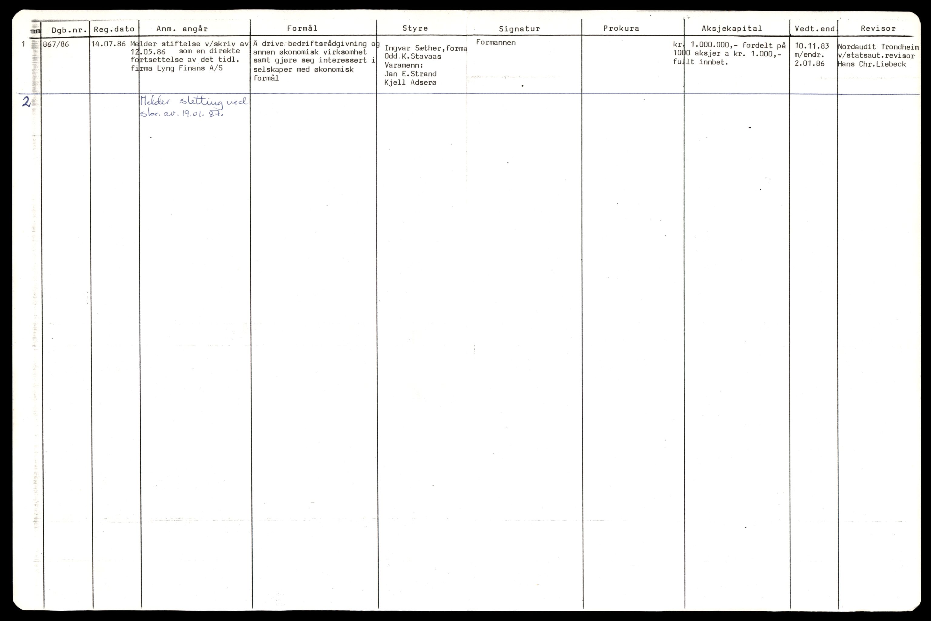 Trondheim byfogd, AV/SAT-A-0003/2/J/Jd/Jdb/L0104: Aksjeselskap, andelslag og borettslag, Trø-Wil, 1986-1987, p. 2