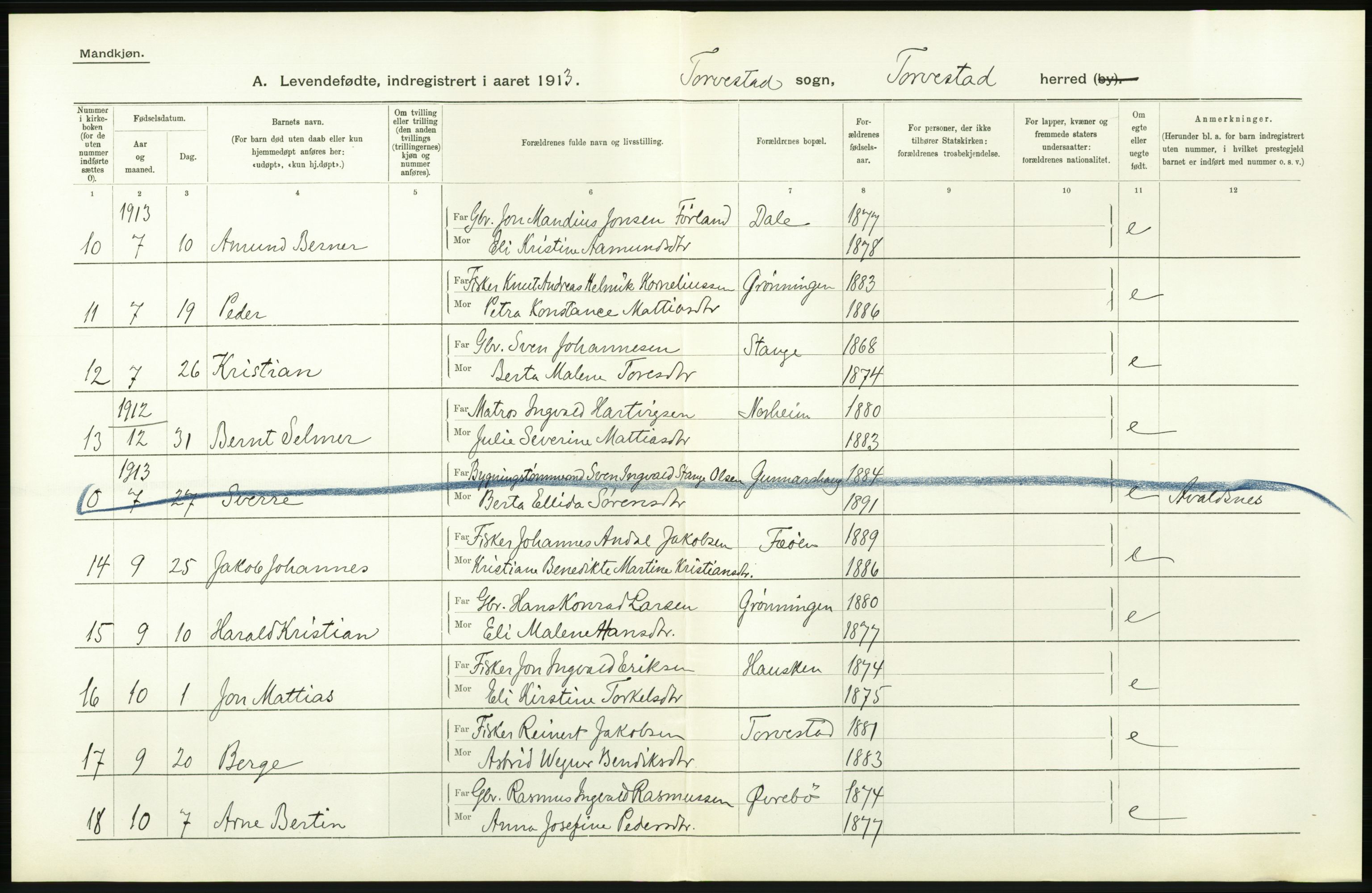 Statistisk sentralbyrå, Sosiodemografiske emner, Befolkning, AV/RA-S-2228/D/Df/Dfb/Dfbc/L0025: Stavanger amt: Levendefødte menn og kvinner. Bygder., 1913, p. 106