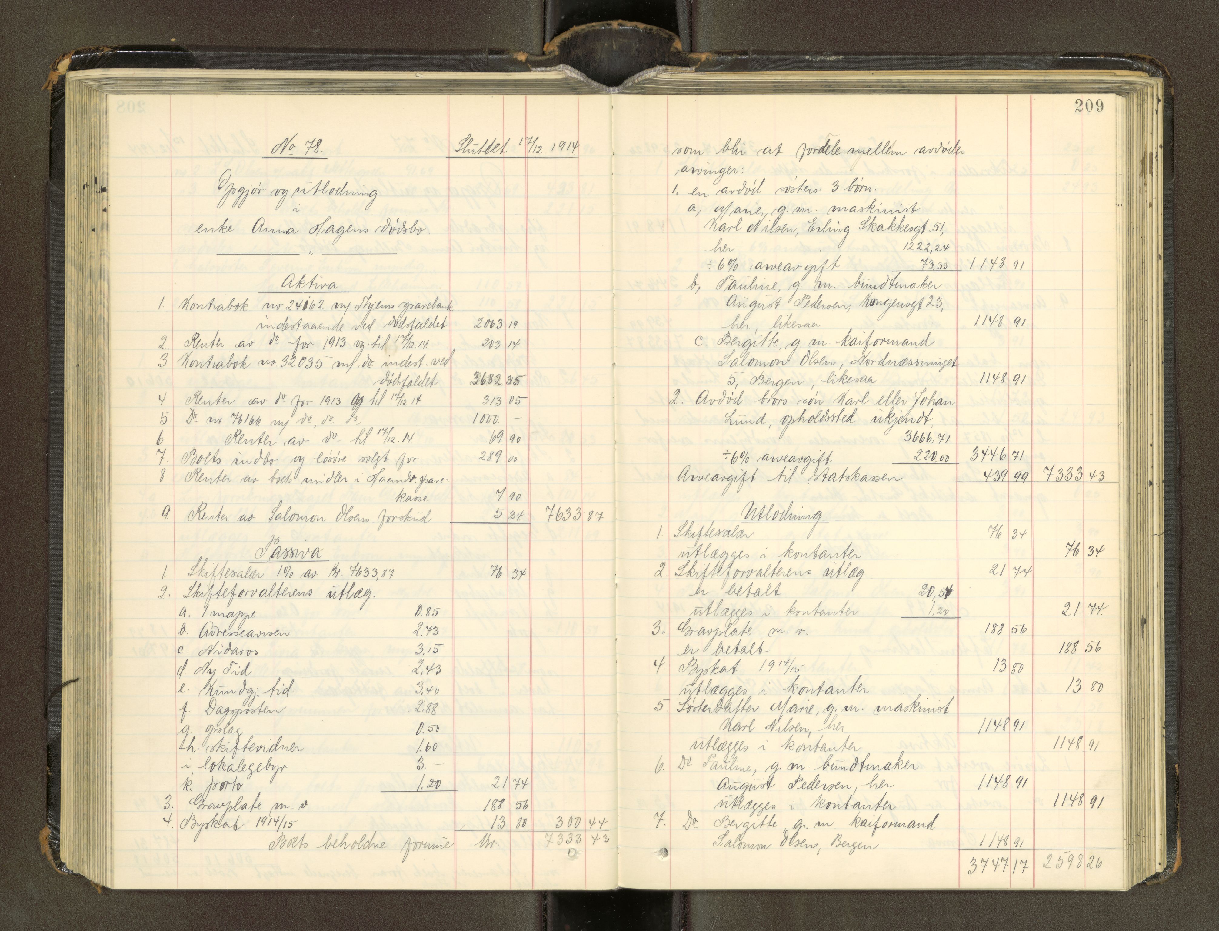 Trondheim byfogd, AV/SAT-A-0003/1/3/3A/L0041: Skifteutlodningsprotokoll - 1710-5/2. (m/ register), 1913-1916, p. 209
