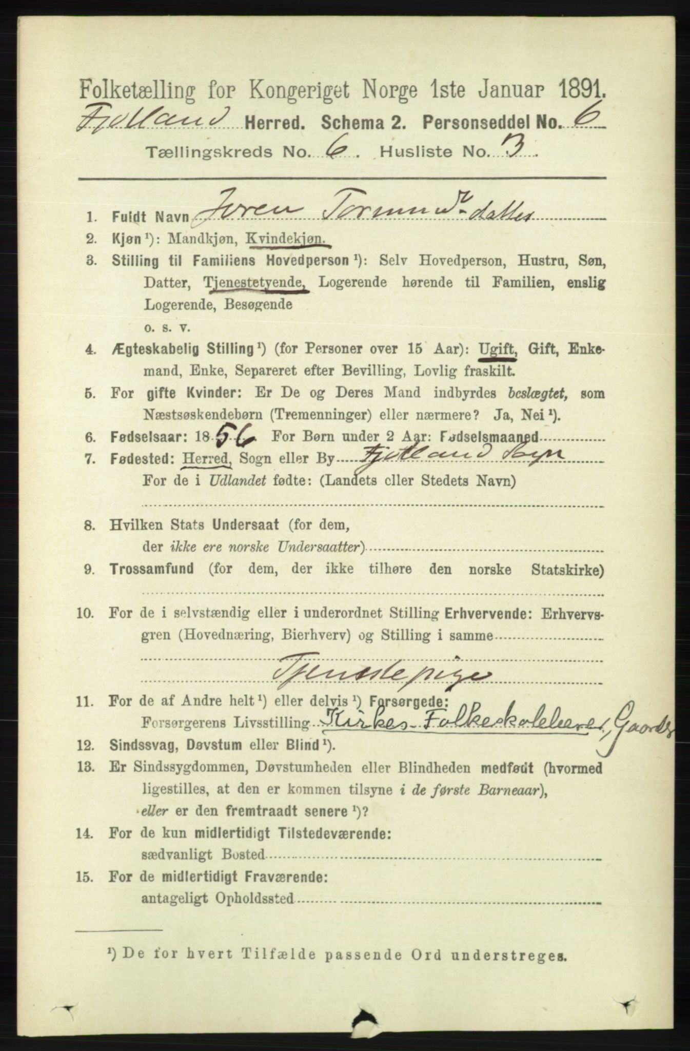 RA, 1891 census for 1036 Fjotland, 1891, p. 879