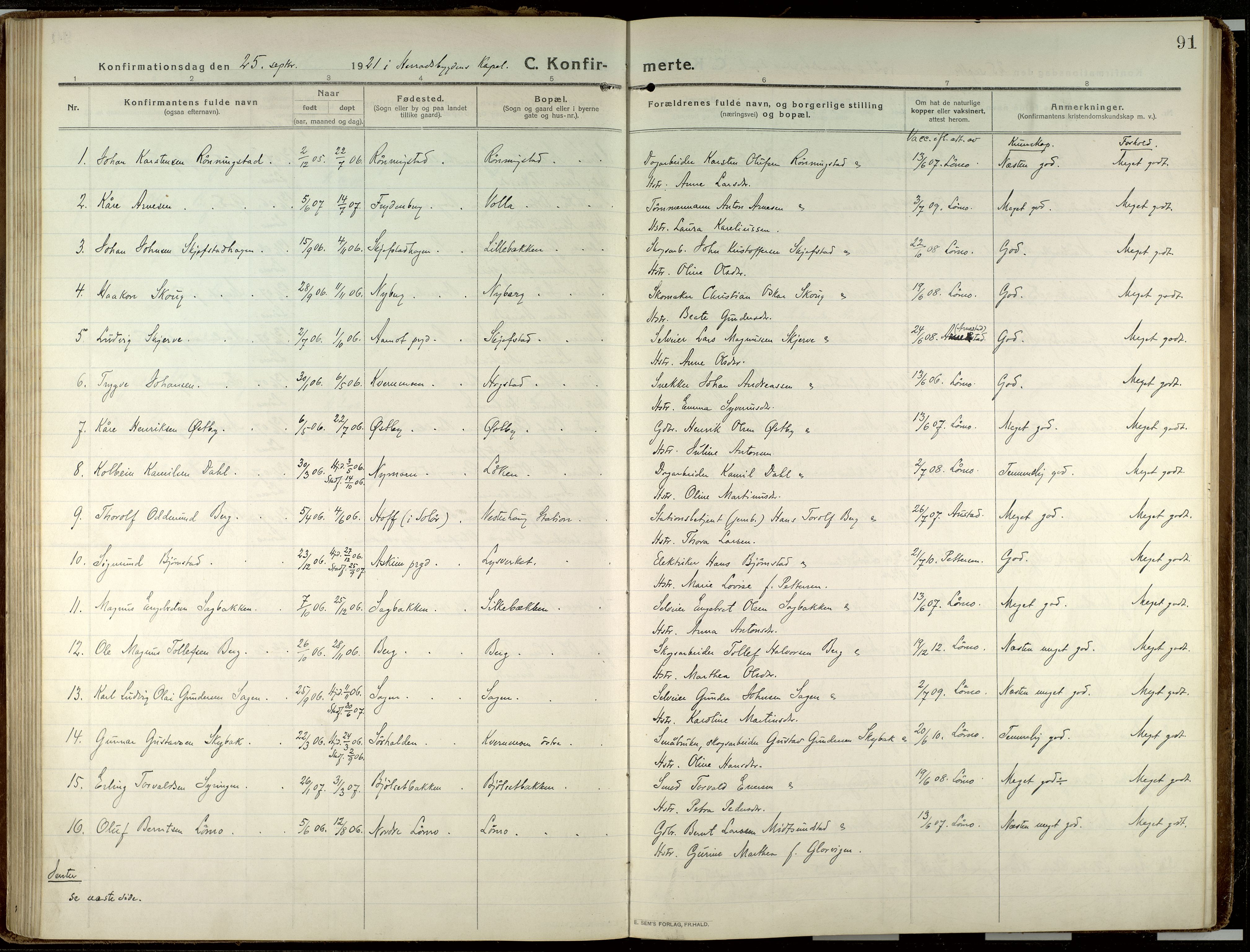 Elverum prestekontor, AV/SAH-PREST-044/H/Ha/Haa/L0023: Parish register (official) no. 23, 1914-1929, p. 91