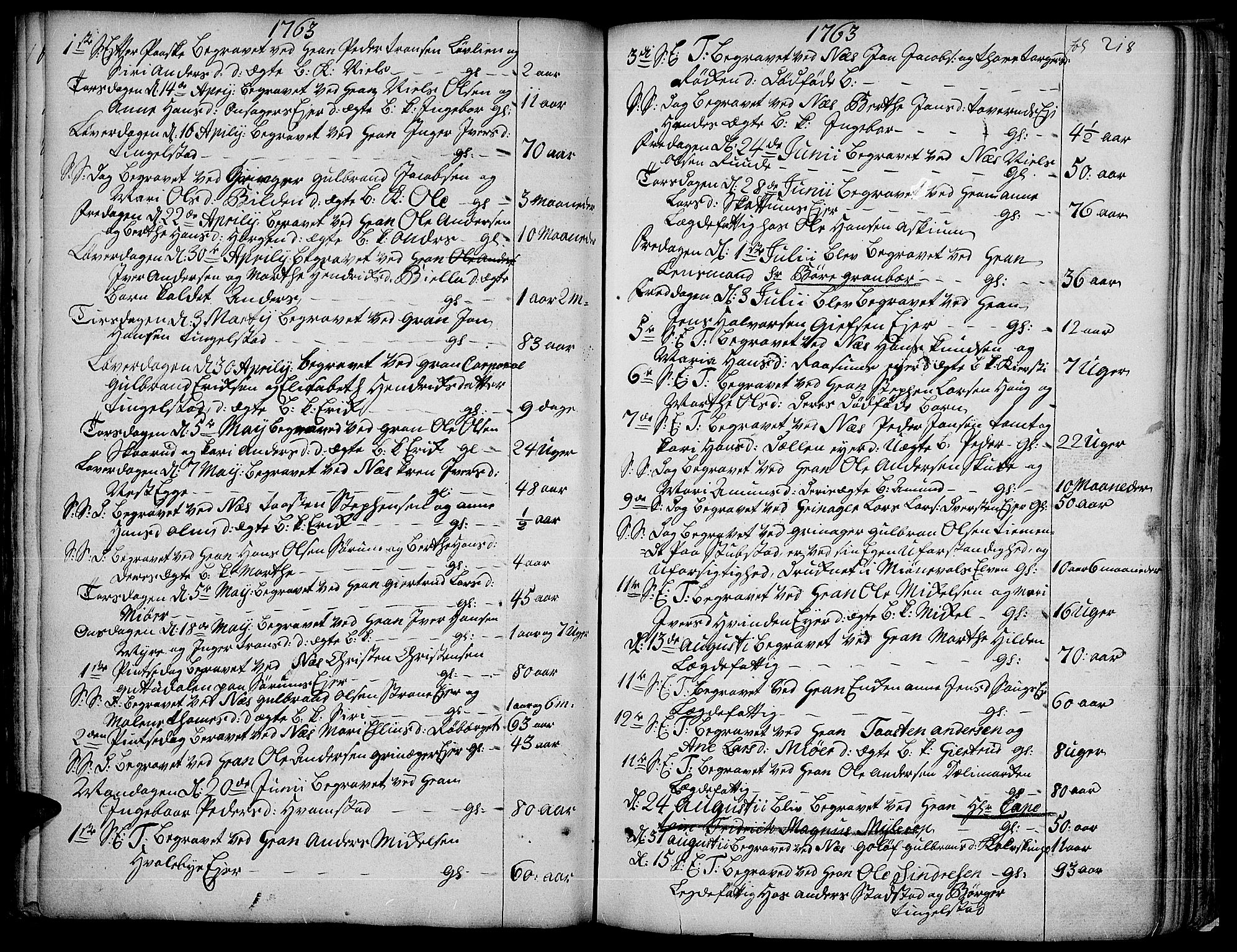 Gran prestekontor, SAH/PREST-112/H/Ha/Haa/L0004: Parish register (official) no. 4, 1759-1775, p. 218