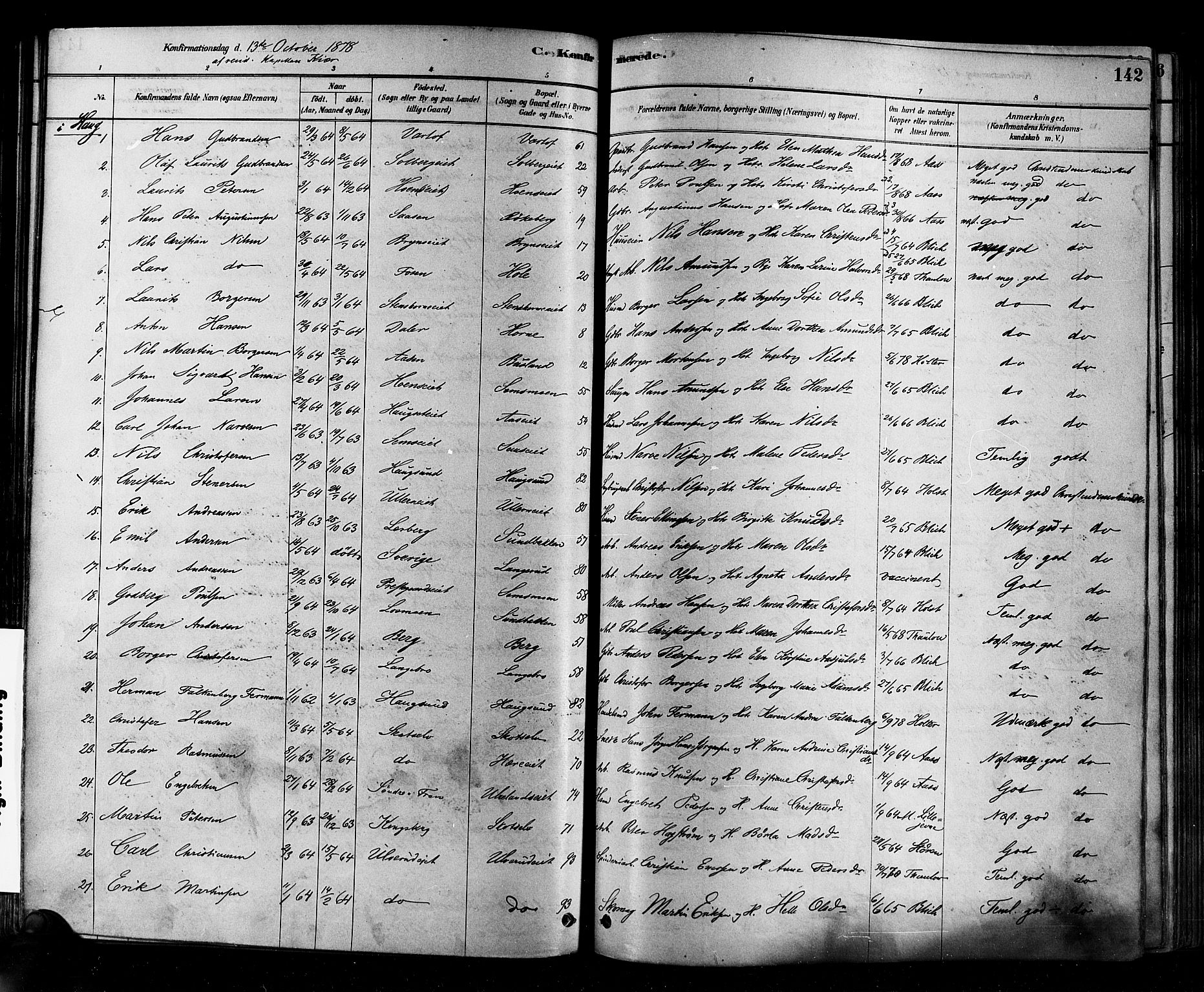 Eiker kirkebøker, AV/SAKO-A-4/F/Fb/L0001: Parish register (official) no. II 1, 1878-1888, p. 142