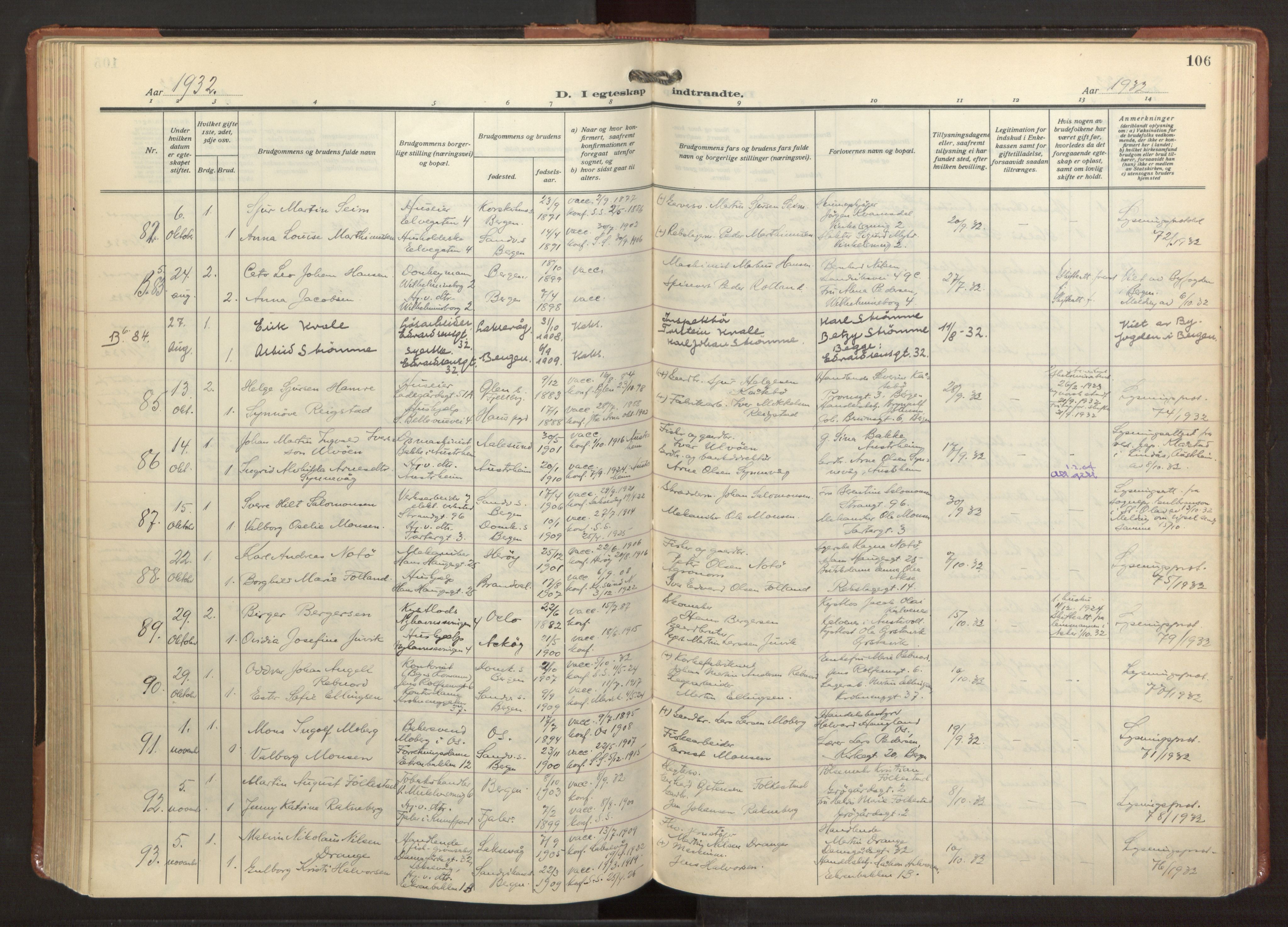 Sandviken Sokneprestembete, AV/SAB-A-77601/H/Ha/L0016: Parish register (official) no. D 3, 1923-1940, p. 106