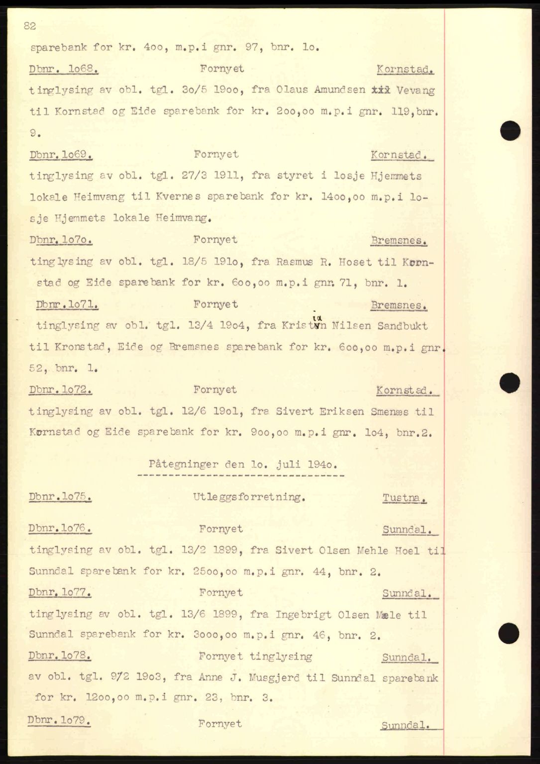 Nordmøre sorenskriveri, AV/SAT-A-4132/1/2/2Ca: Mortgage book no. C81, 1940-1945, Diary no: : 1068/1940