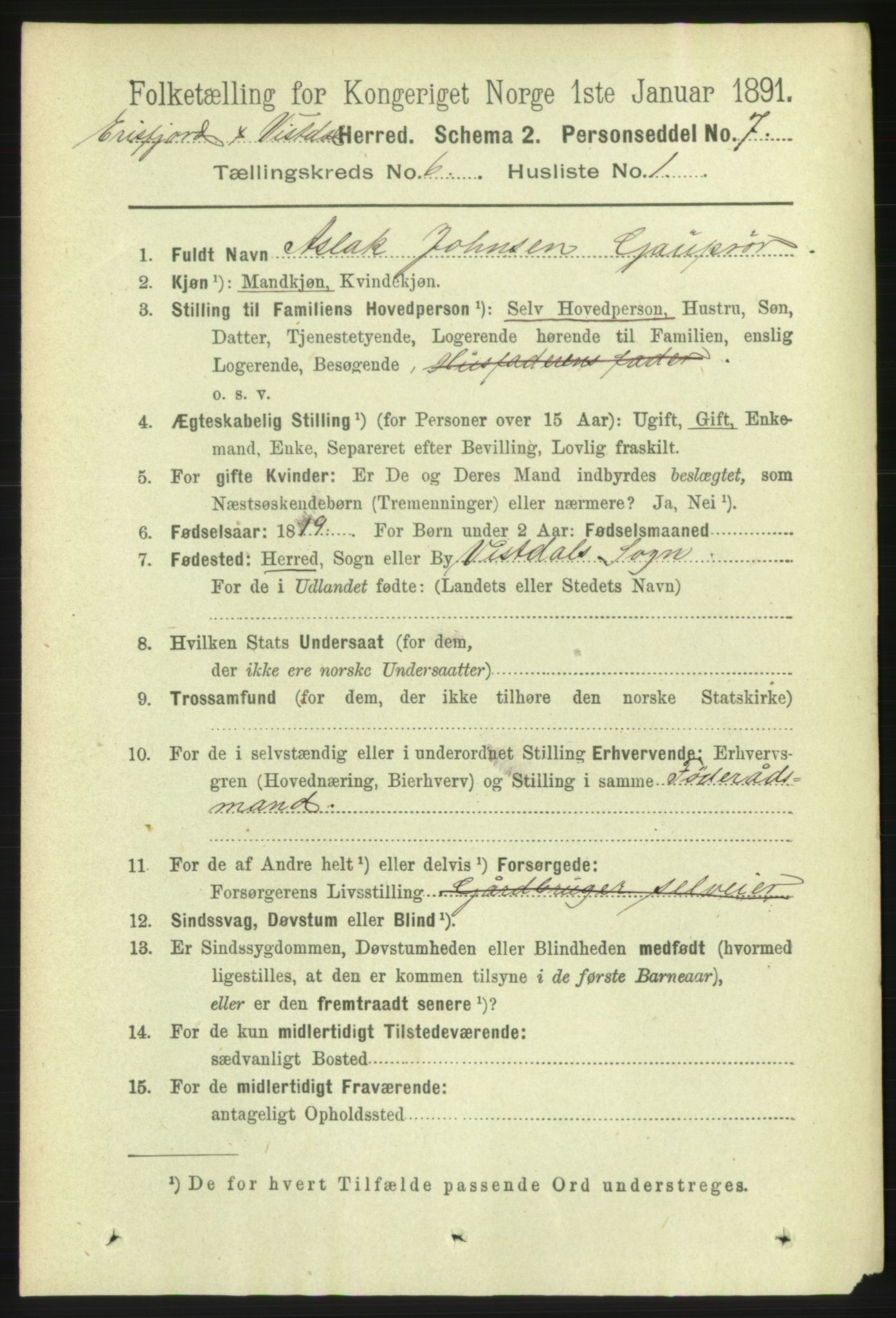 RA, 1891 census for 1542 Eresfjord og Vistdal, 1891, p. 1530