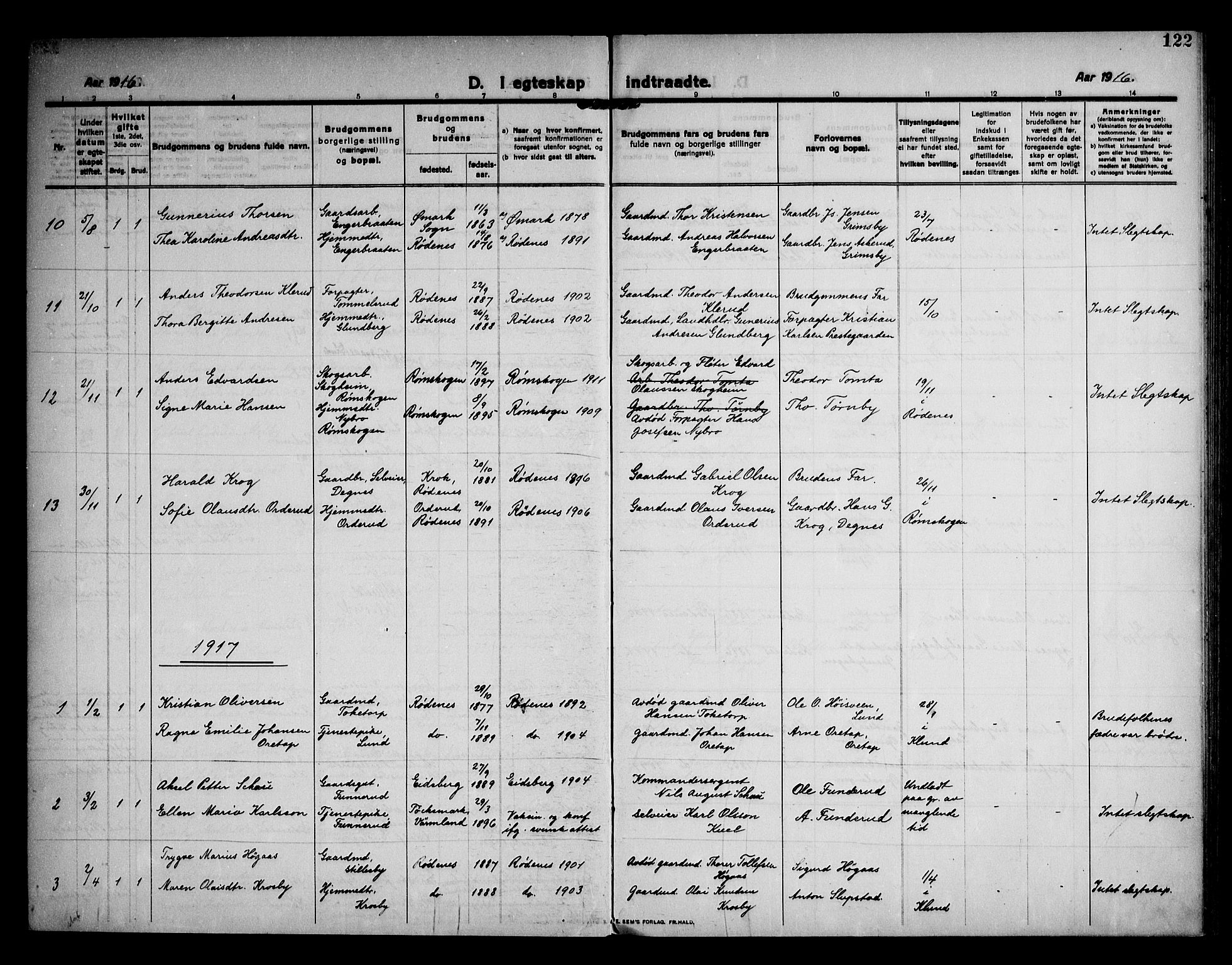 Rødenes prestekontor Kirkebøker, AV/SAO-A-2005/F/Fa/L0012: Parish register (official) no. I 12, 1911-1926, p. 122