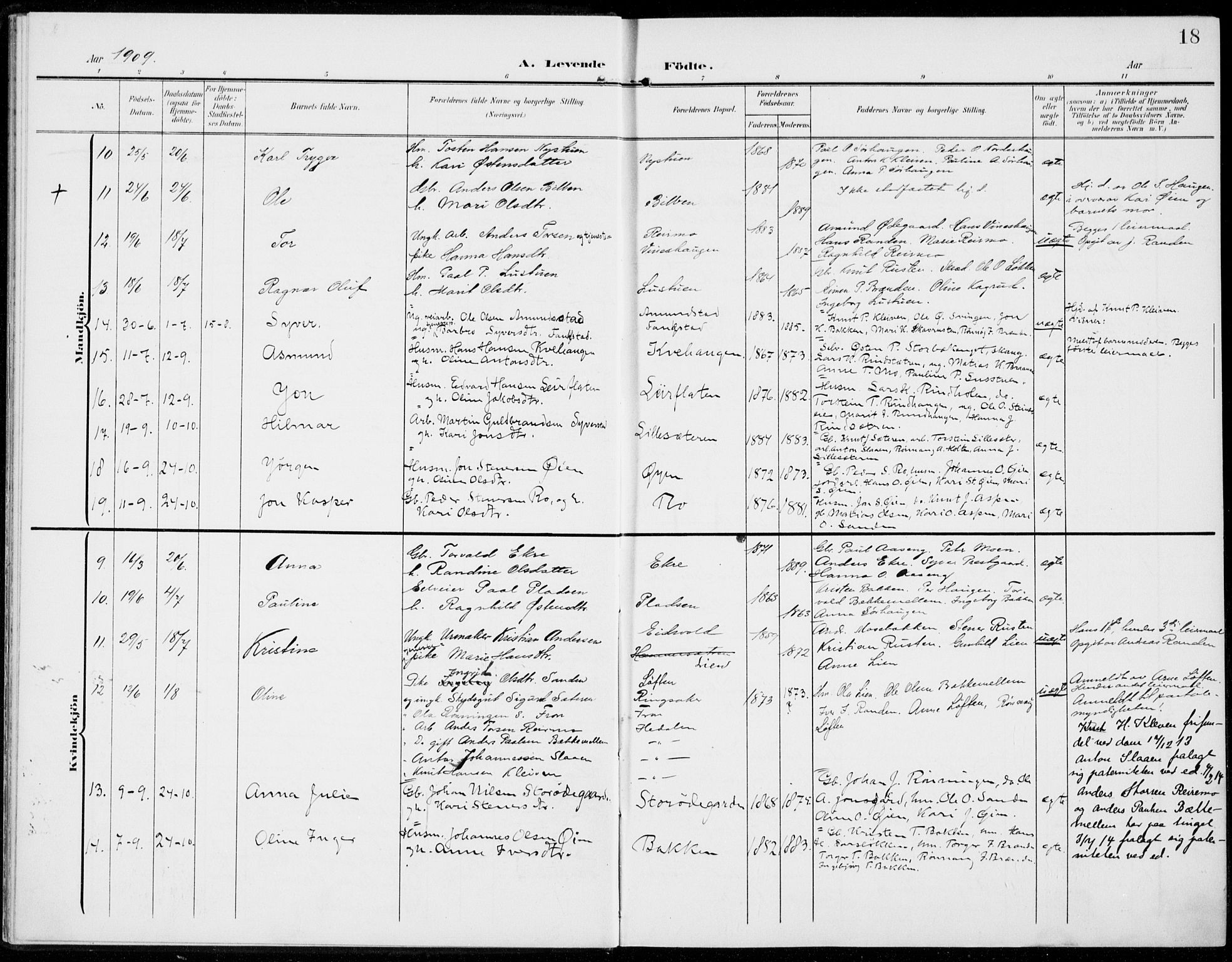 Sel prestekontor, SAH/PREST-074/H/Ha/Haa/L0001: Parish register (official) no. 1, 1905-1922, p. 18