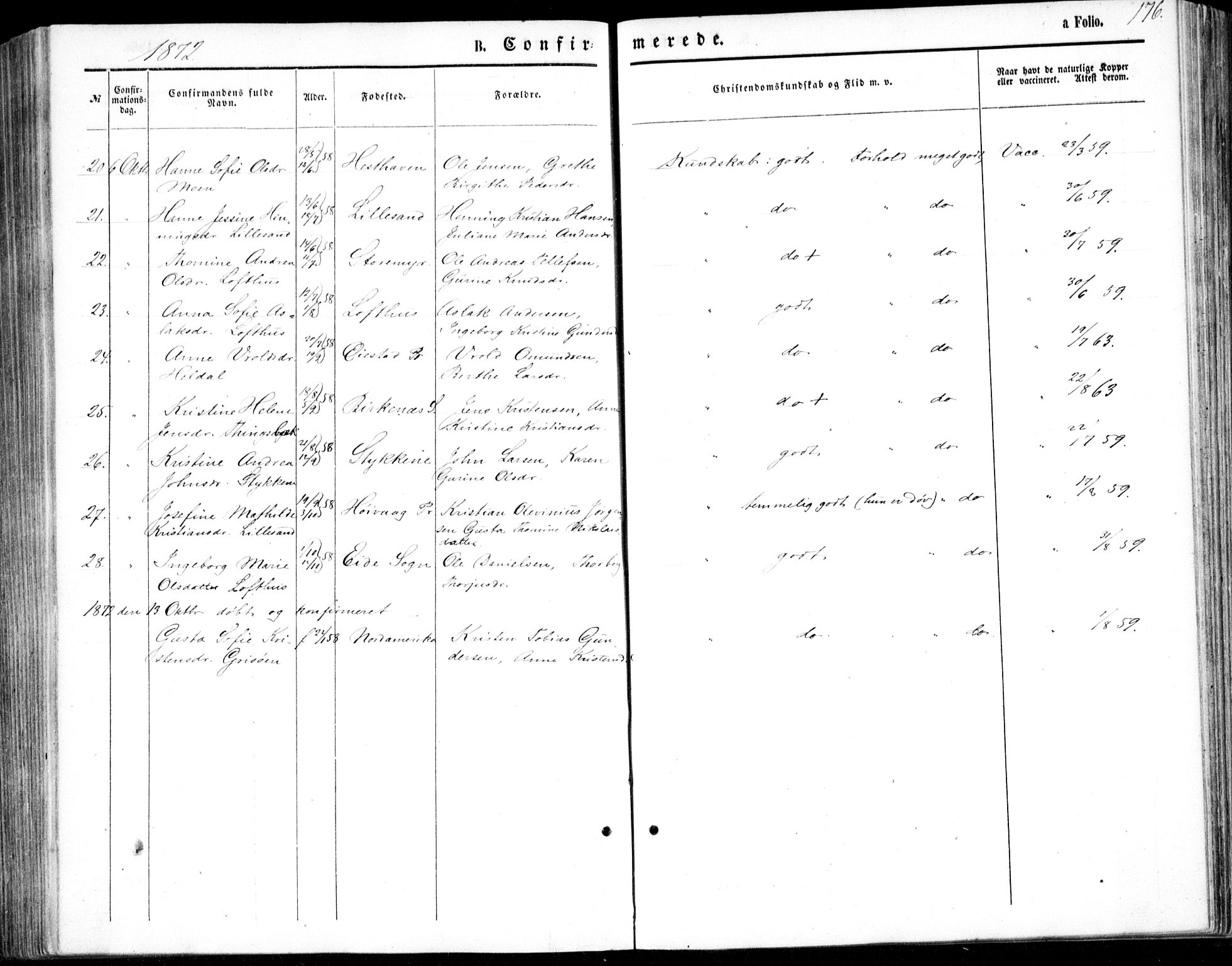 Vestre Moland sokneprestkontor, AV/SAK-1111-0046/F/Fb/Fbb/L0004: Parish register (copy) no. B 4, 1861-1872, p. 176