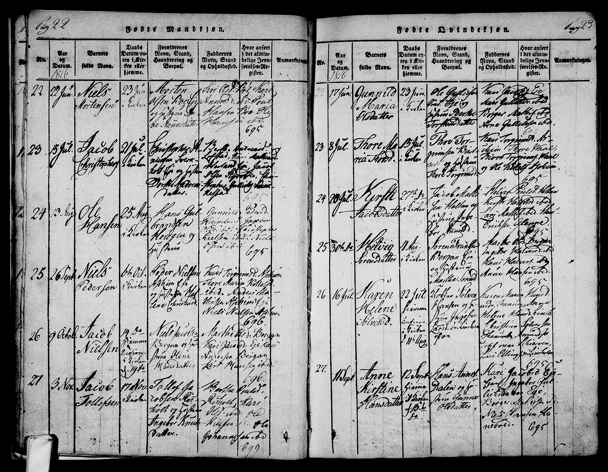 Lardal kirkebøker, AV/SAKO-A-350/F/Fa/L0005: Parish register (official) no. I 5, 1814-1835, p. 22-23