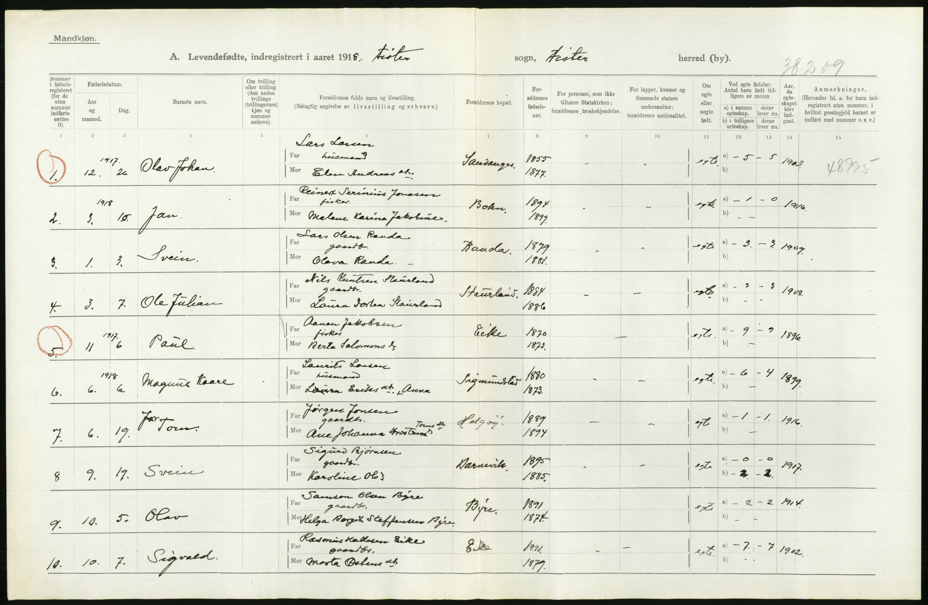 Statistisk sentralbyrå, Sosiodemografiske emner, Befolkning, RA/S-2228/D/Df/Dfb/Dfbh/L0031: Rogaland fylke: Levendefødte menn og kvinner. Bygder., 1918