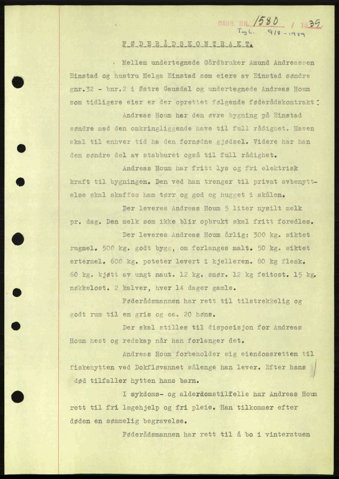 Sør-Gudbrandsdal tingrett, SAH/TING-004/H/Hb/Hbe/L0001: Mortgage book no. B1, 1936-1939, Diary no: : 1580/1939