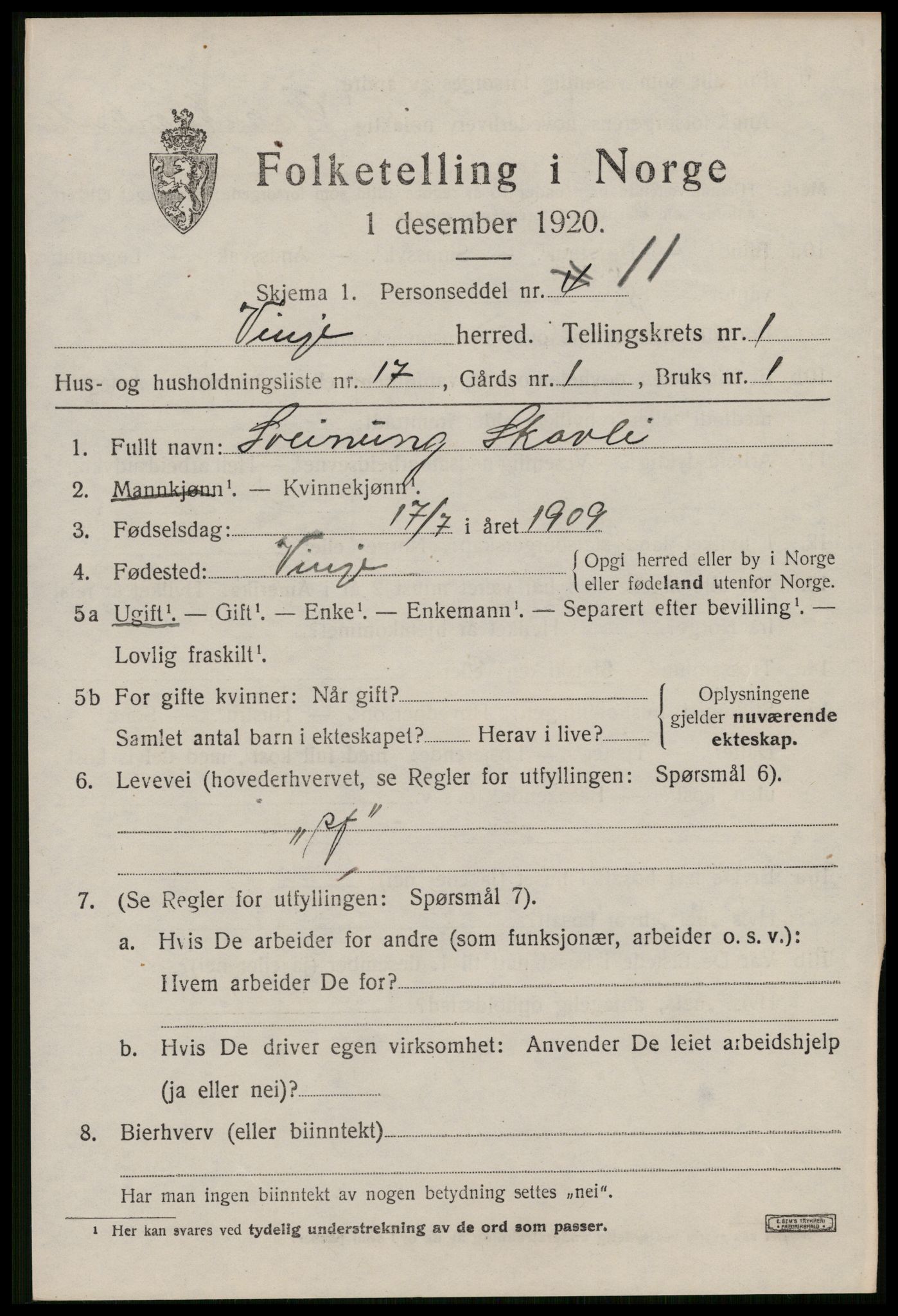 SAKO, 1920 census for Vinje, 1920, p. 881